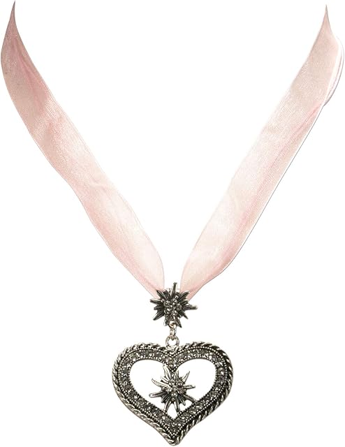 Costume Necklace Organza Ribbon with Rhinestone Edelweiss Heart - Women's Dirndl Necklace with Crystal Stones, Heart Organza Chain Edelweiss for Traditional Blouse, Dirndl Jewellery for Oktoberfest (in Traditional Colours)