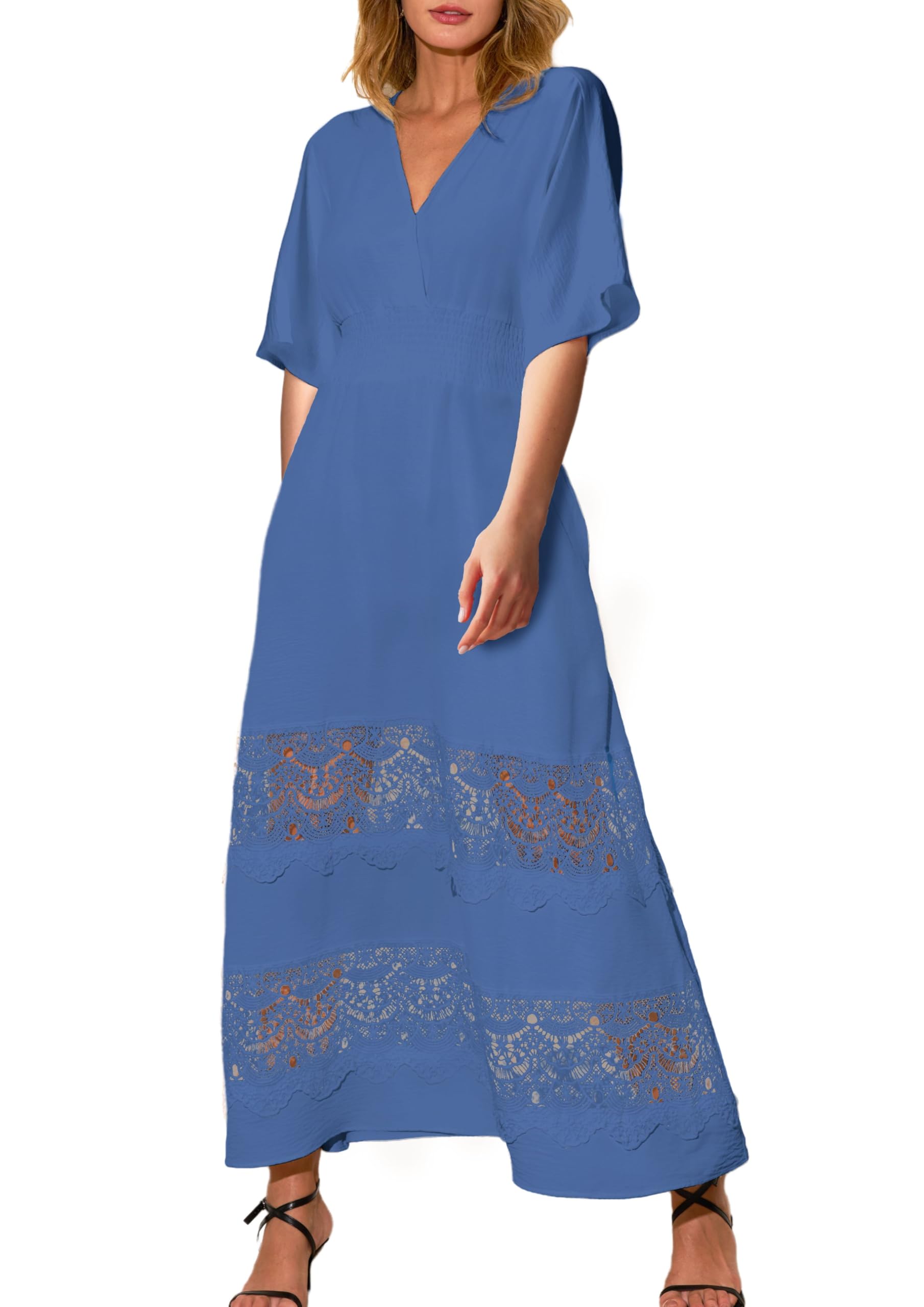 Women's Boho Maxi Dress Short Sleeve V Neck Long Flowy Dresses Smocked Waist Lace Wedding Guest Dress with Pockets