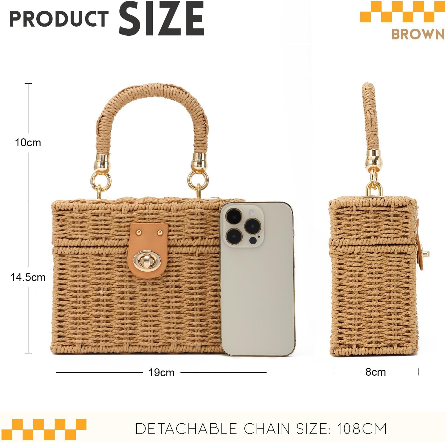 Oweisong Wicker Rattan Purse for Women Summer Beach Woven Straw Tote Bag | Box Basket Bucket, Square Purse, For Vacation, Boho Handbag, Black Beach Bag