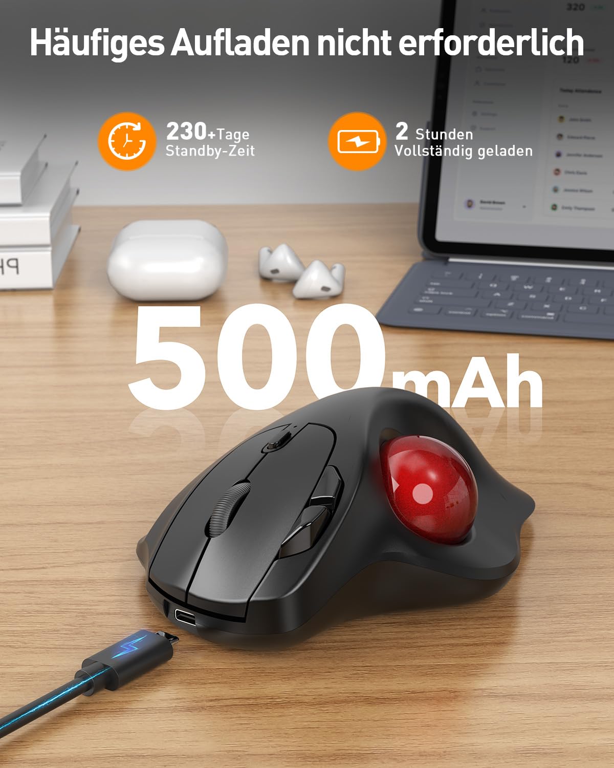 SABLUTE MAM2 Kabellose Trackball Maus, Wiederaufladbare Ergonomische Maus | Präzises und Reibungsloses Tracking, 3-Geräte-Verbindung (Bluetooth oder 2,4G USB-Empfänger), 5 DPI-Stufen für Mac, Windows