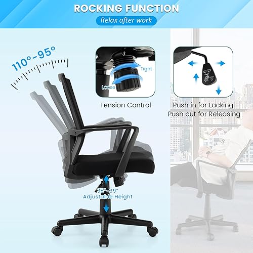 Miniatura 5 de COSTWAY Silla ergonómica de oficina en casa, silla de escritorio de malla con respaldo medio con soporte lumbar y función mecedora, silla giratoria