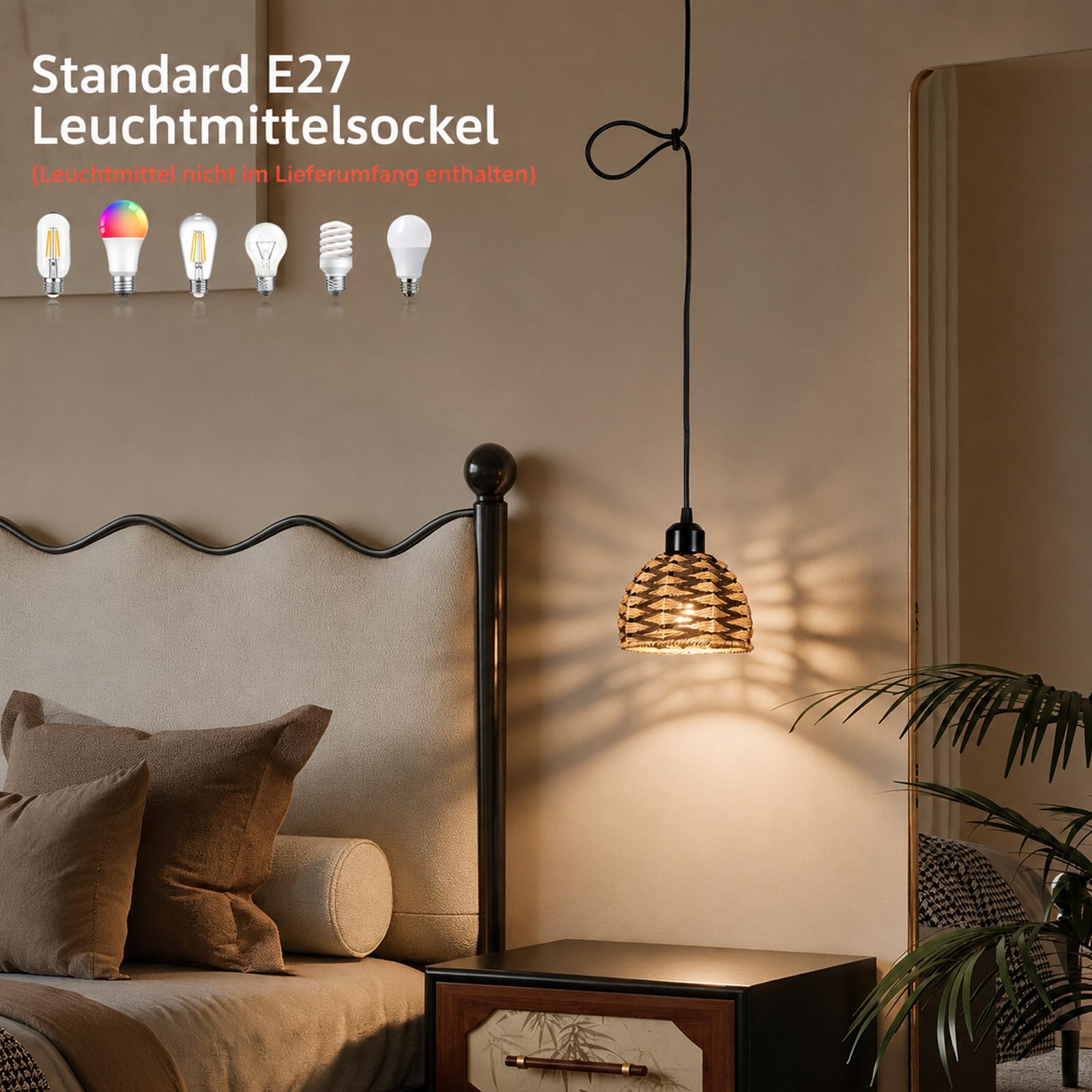 FRIXCHUR Lampa wisząca Boho E27 z plecionej liny, naturalna lampa wisząca z kablem 1,3 m, do kuchni, stołu jadalnego i korytarza, bez źródła światła