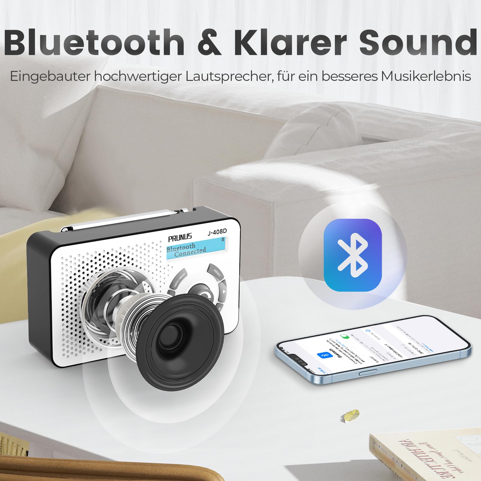 PRUNUS J-408 UKW DAB Radio mit Bluetooth 5.3, DAB Plus Radio Batteriebetrieben oder 2000mAh Akkubetrieb, Digital Radio mit 40-FM & 40-DAB Voreinstellungen, Kopfhörerbuchse/Dual Alarm/Sleep-Timer.