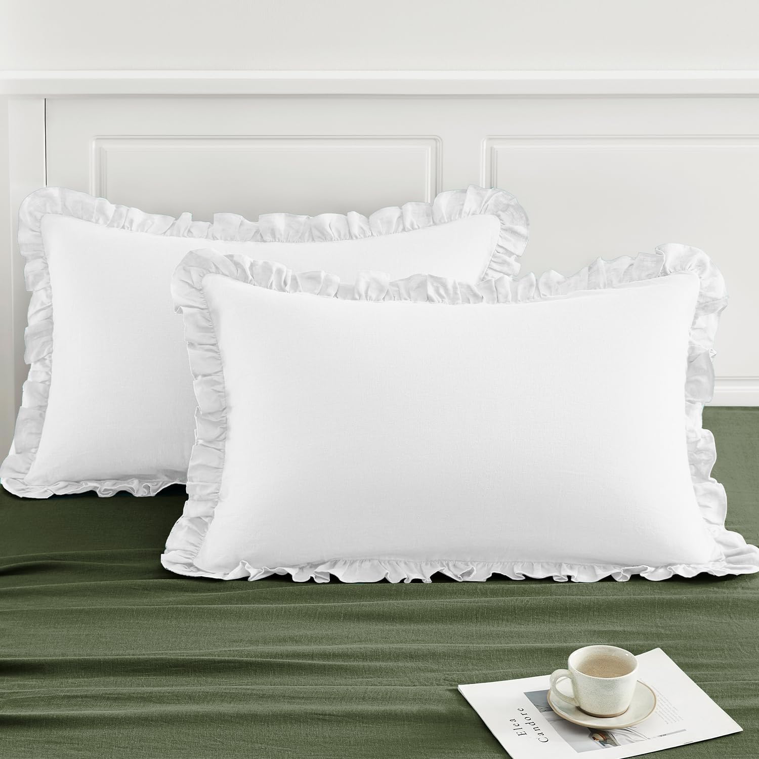 TOSMO 100% Linen Ruffle Pillowcase Standard Size, Set of 2, Stone-Washed Breathable Pillow Shams Envelope Closure, Soft and Durable Pillow Cases, 20" X 26", White