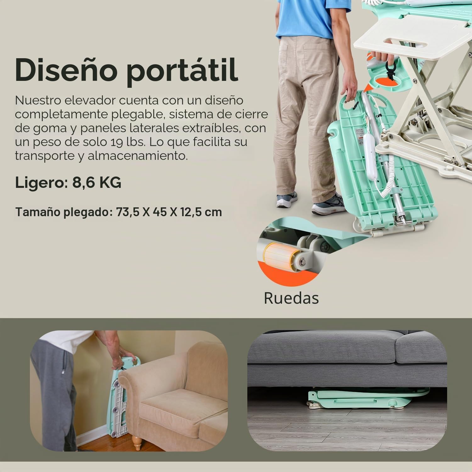 SuperHandy GoRise LT Elevador Baño y Piso, Carga 150 kg, Plegable, IP68 | solo 8,6 kg, impermeable y plegable; asiento ergonómico con paneles extraíbles para baño y transferencia al suelo;Patentado