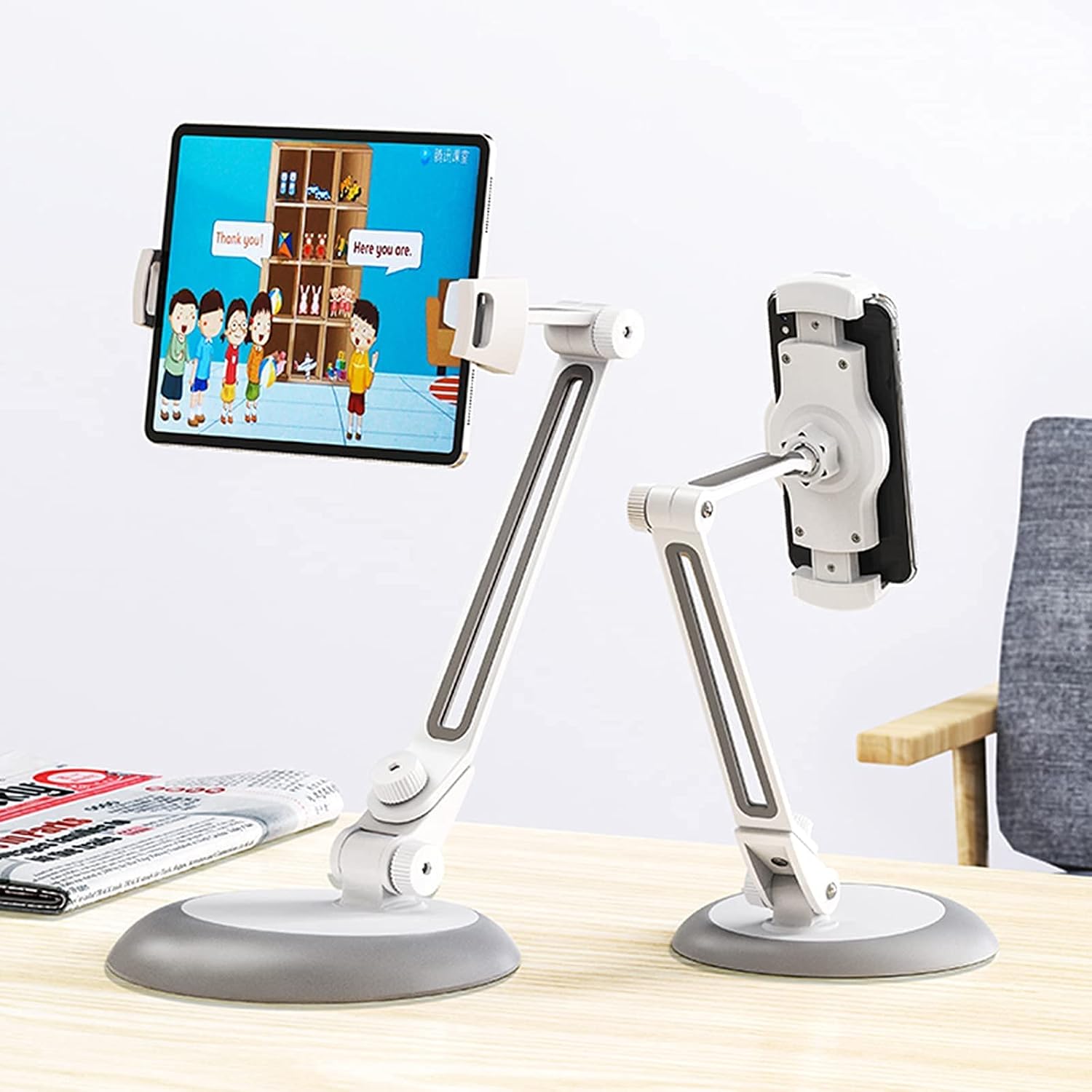 Stylish Aluminum Tablet Stand Cell Phone Stand with 2-Stage Arm 360° Swivel Desk Multi-Angle Mount Holder fits 4.7-13" Tablets Smartphones White (Color : Black) image 2