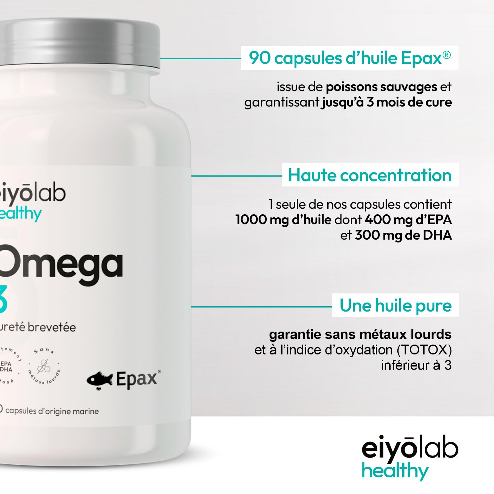 Oméga 3 EPAX® | Huile de Poissons Sauvages 2000 mg | Riche en Acides Gras 800 mg EPA + 600 mg DHA pour 2 Capsules | Huile Pure et Concentrée avec Antioxydants Naturels | 90 Capsules Molles | Eiyolab