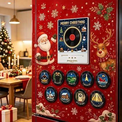 Christmas theme Retro Magnetic Vinyl Music Box with 9 NFC Discs, LED Light