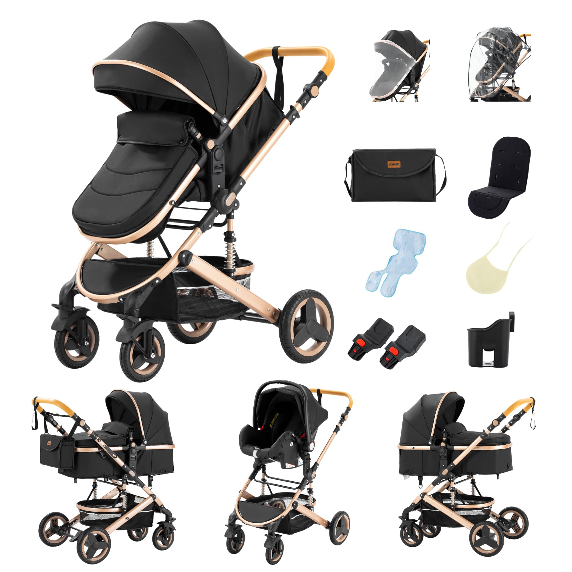 GLOKID Poussette 3 en 1, Poussette Combinée Portable Pliant en Un Clic, Cadre Aluminium Noir