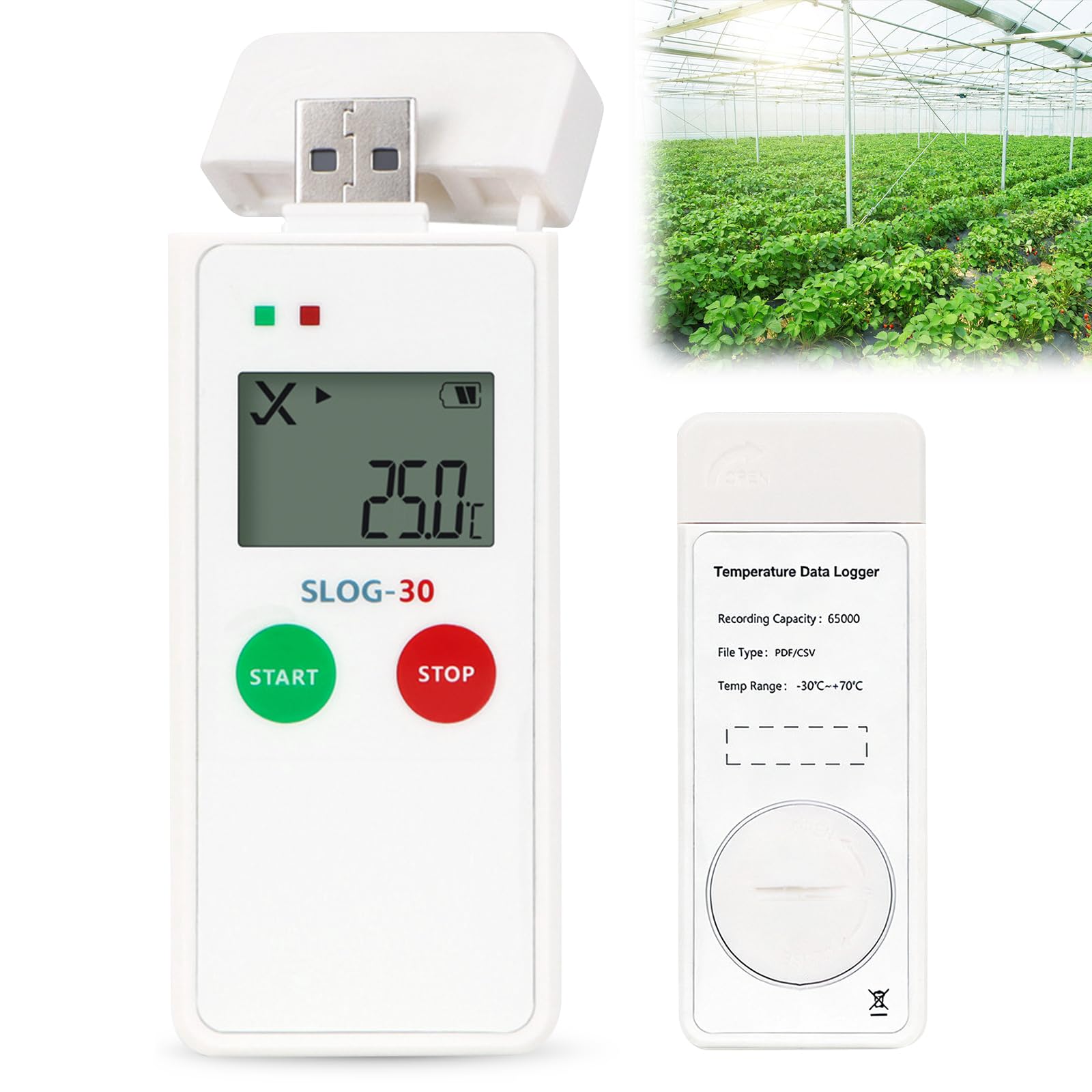 Registratore dati di temperatura, registratore dati USB per temperatura e umidità, registratore di temperatura riutilizzabile, 65000 punti, registratore di temperatura ad alta precisione con LCD PDF