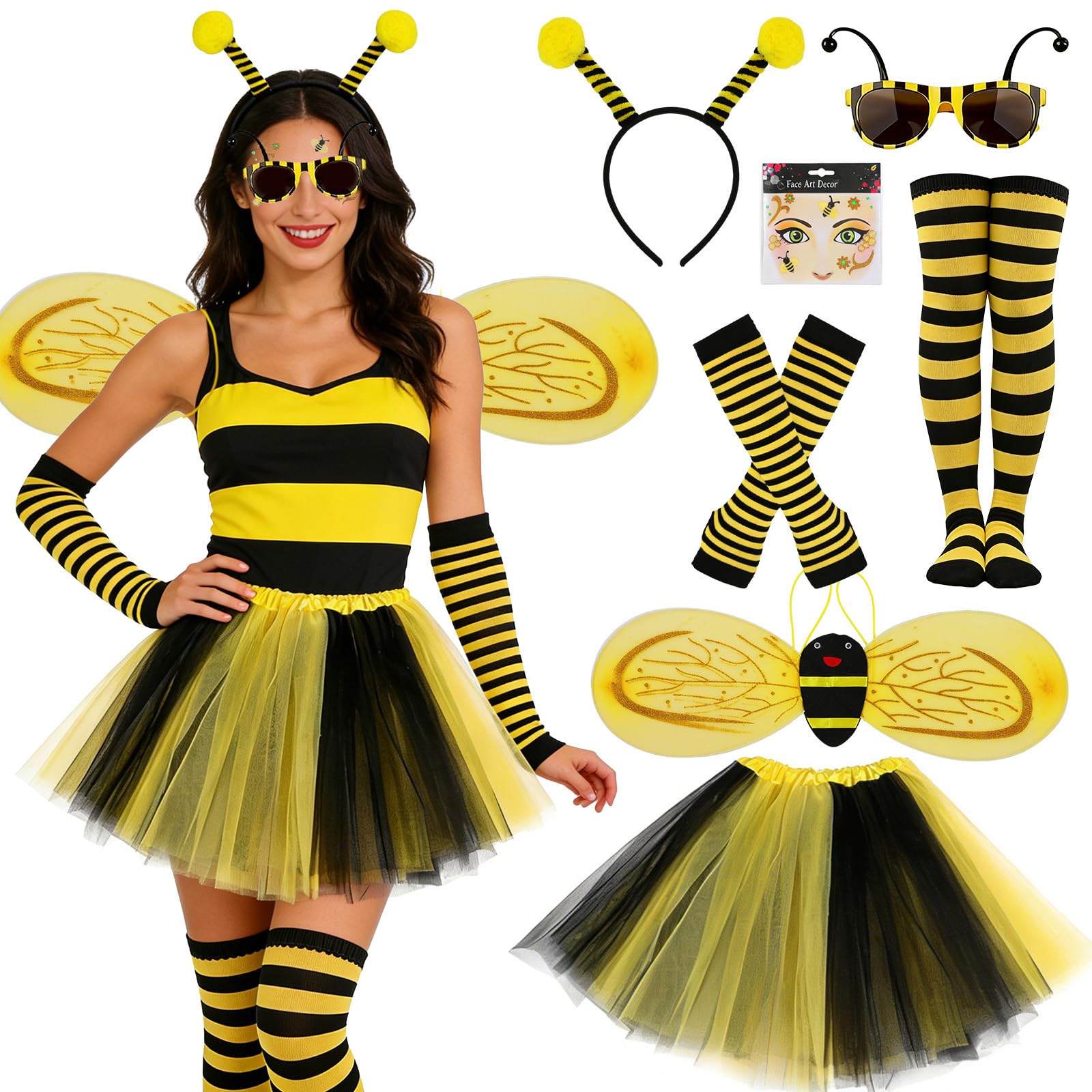 SINSEN Pack of 7 Bee Costume Adult Women's Bee Costume with Bee Wings Tulle Skirt Headband Glasses Face Sticker Over Knee Stockings Gloves for Carnival Fancy Dress Theme Party Cosplay Party