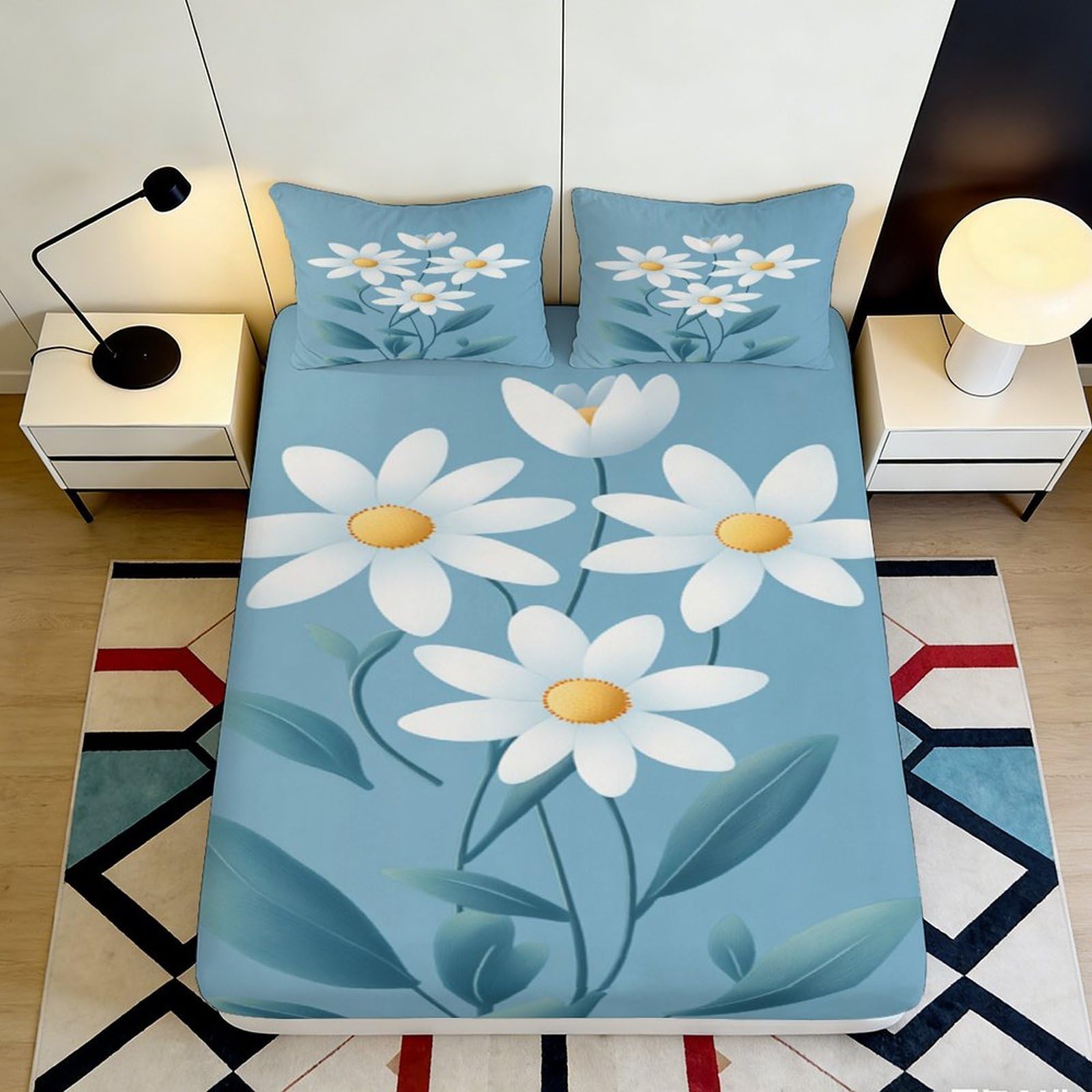 3D Printed Daisy Blue Fitted Sheet Microfiber Non Slip Mattress Cover Floral Bedroom Decor Machine Washable 160x200x25cm