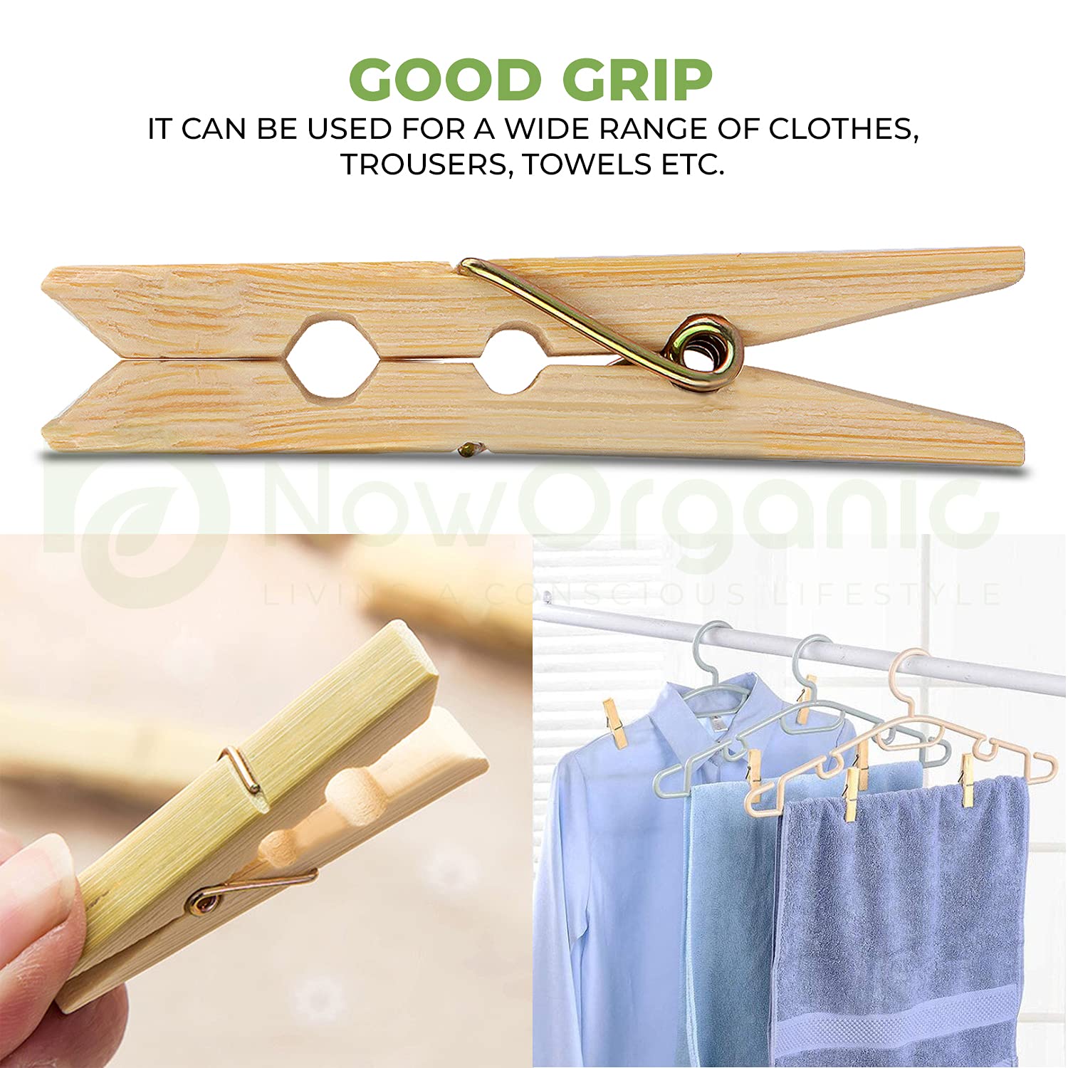 Now Organic Premium Bamboo/Wooden Cloth Clips/pegs Suitable for Light Garments and Photo Hanging.Free Reusable Muslin potli Single Pack of (1) (50) Small Size 2