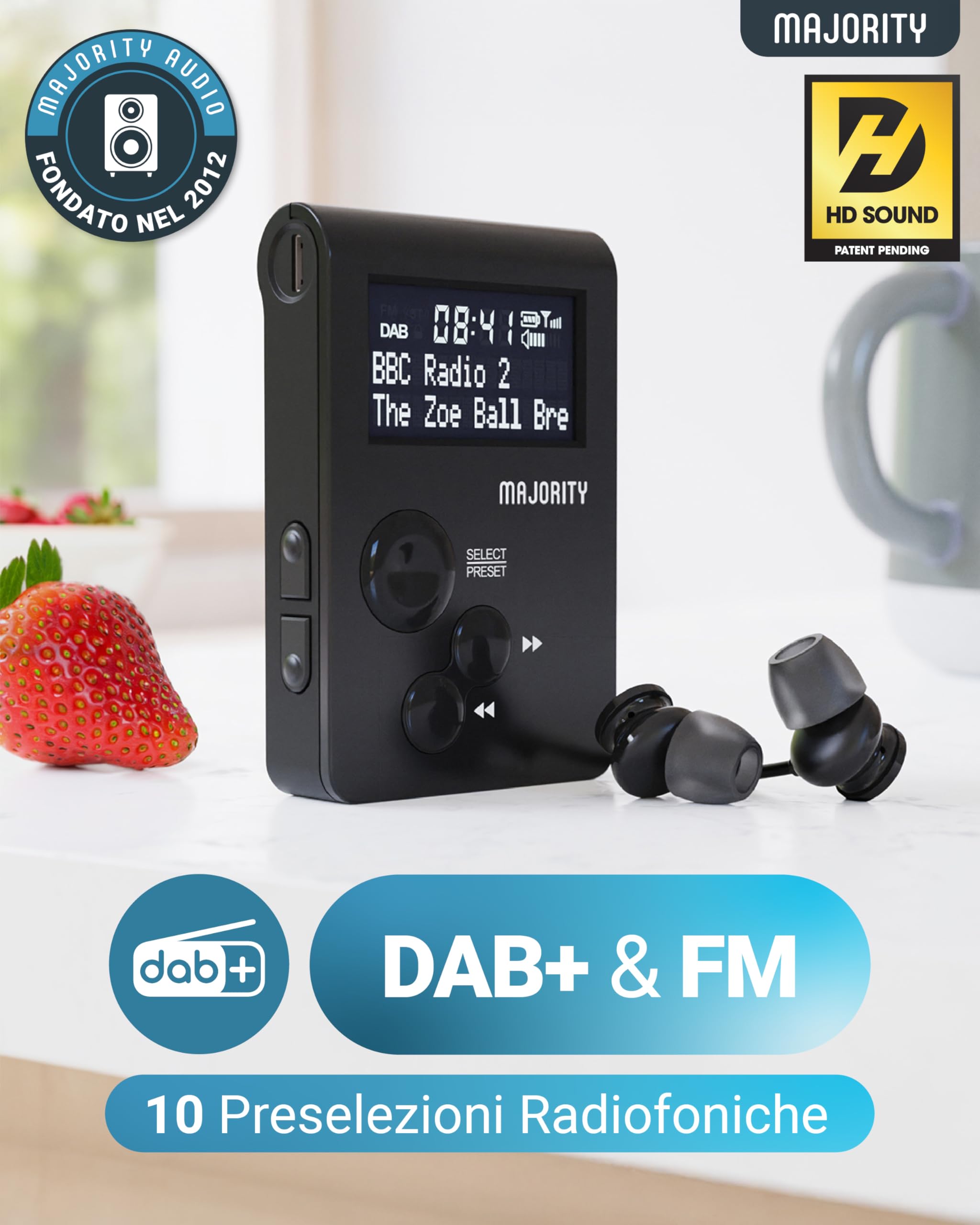 Mini Radio Portatile DAB | Radiolina Portatile con Cuffie | Radio DAB Portatile con Clip Sportiva e Pulsanti Bloccabili | Batteria da 12 ore | Majority Petersfield Go