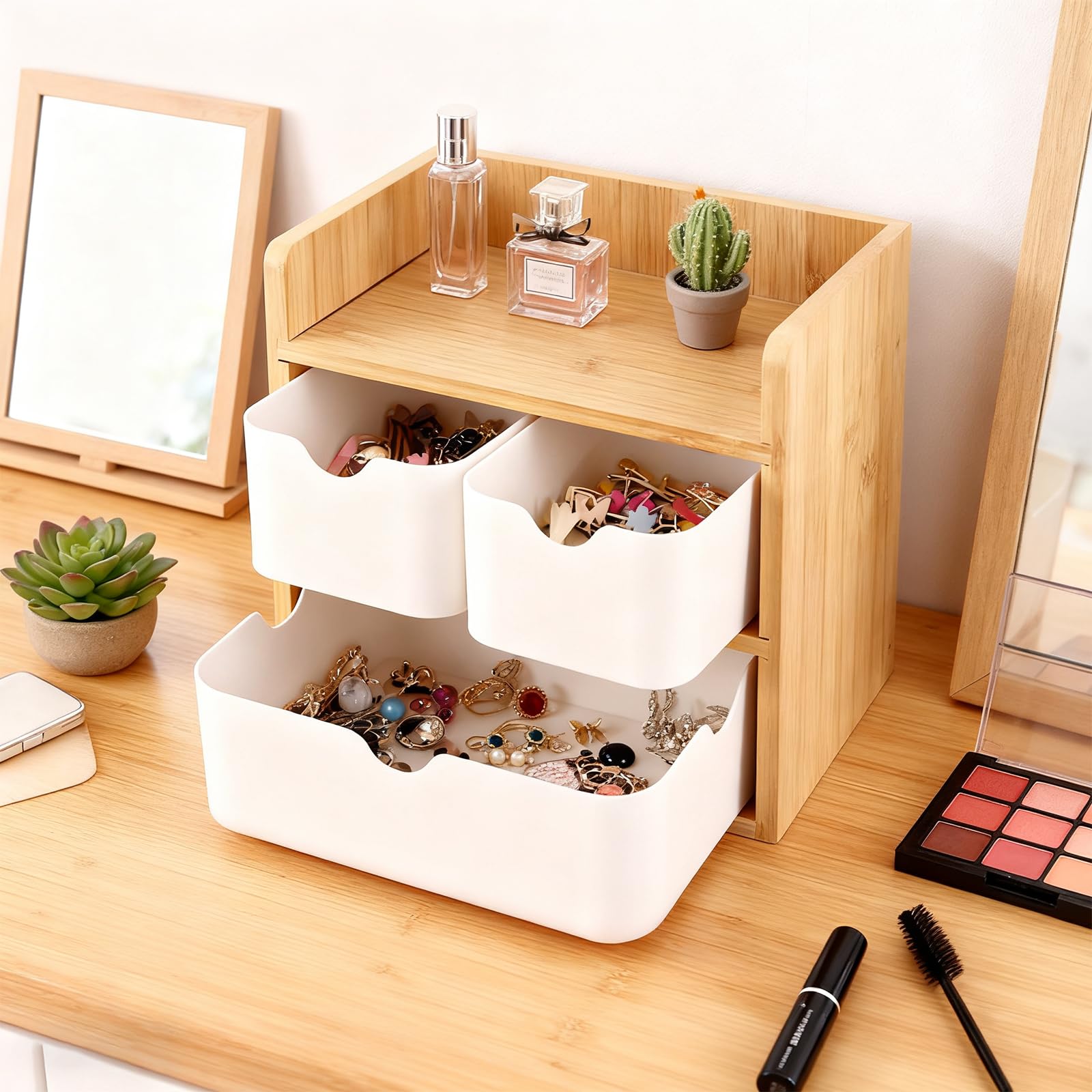 Aufbewahrungsbox mit Schubladen, Holz und Bambus, Schreibtisch Organizer, Make-Up Organizer Holz mit 3 Schubladen für Büro Zuhause Schule, Weiß