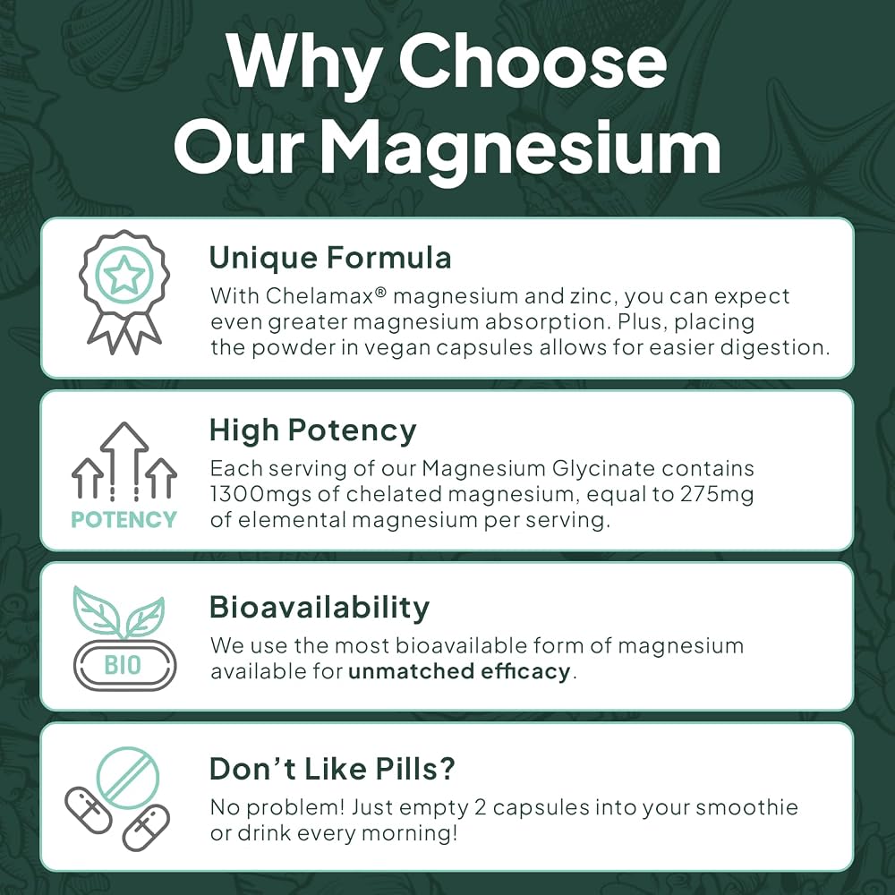 Organics Ocean Pure Magnesium Glycinate with Zinc - Maximum Strength Chelated Magnesium Supplement for Women and Men for Muscle Cramps and Sleep Support - 90 Capsule