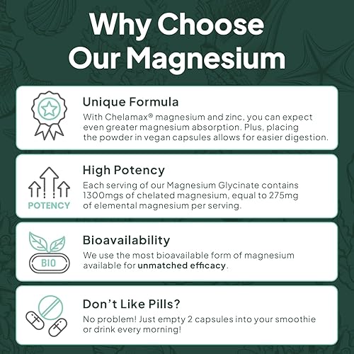 Miniatura 6 de Organics Ocean Glicinato de magnesio puro con zinc, suplemento de magnesio quelado de máxima resistencia para mujeres y hombres para calambres