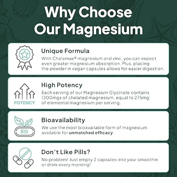 Organics Ocean Pure Magnesium Glycinate with Zinc - Maximum Strength Chelated Magnesium Supplement for Women and Men for Muscle Cramps and Sleep Support - 90 Capsule