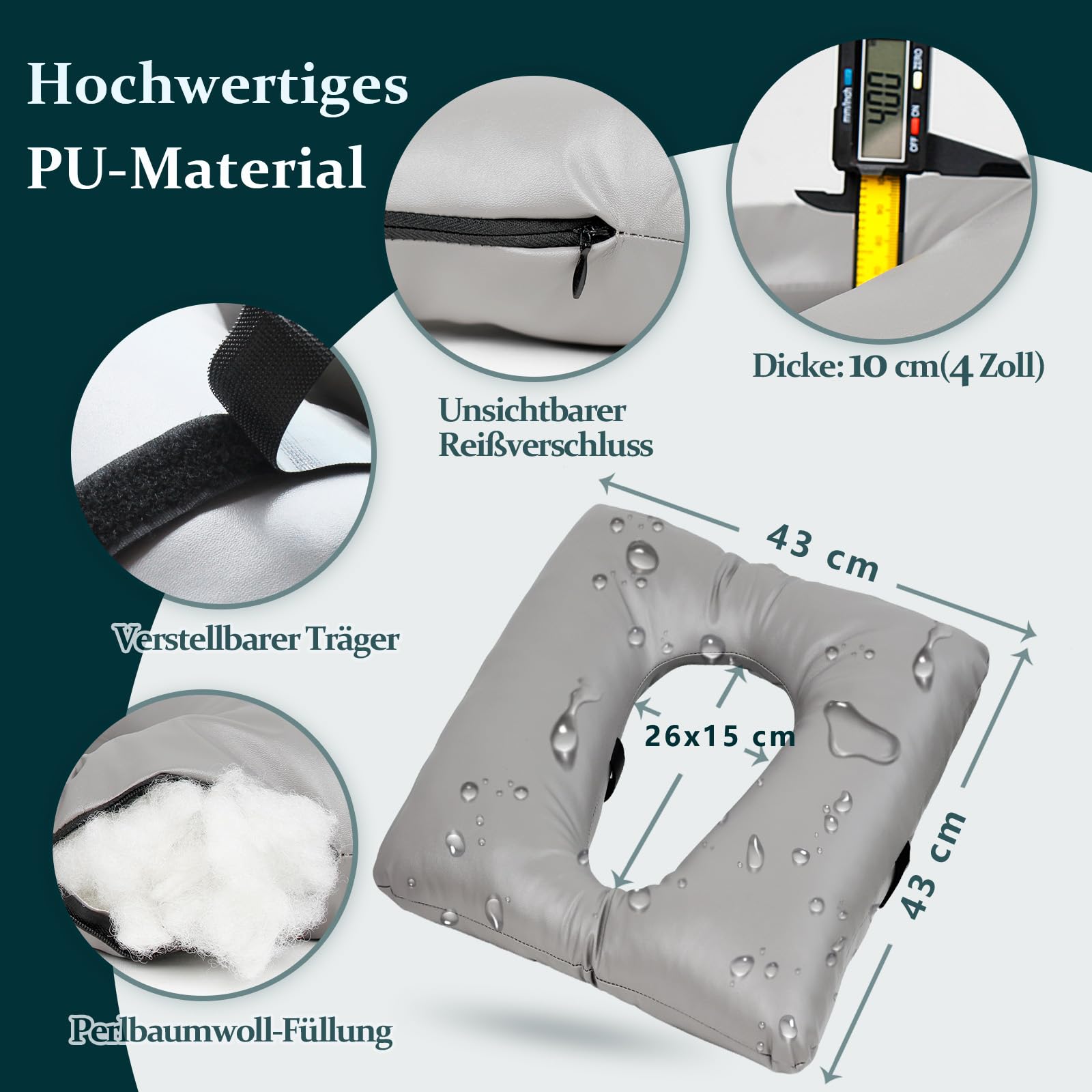 Sitzauflage für Toilettenstuhl & Duschstuhl/Komfort Toilettensitzerhöhung/Anti-Dekubitus kissen/Wärmend, waschbarer PU-Bezug, Fixiergurte - Für Senioren, Schwangere