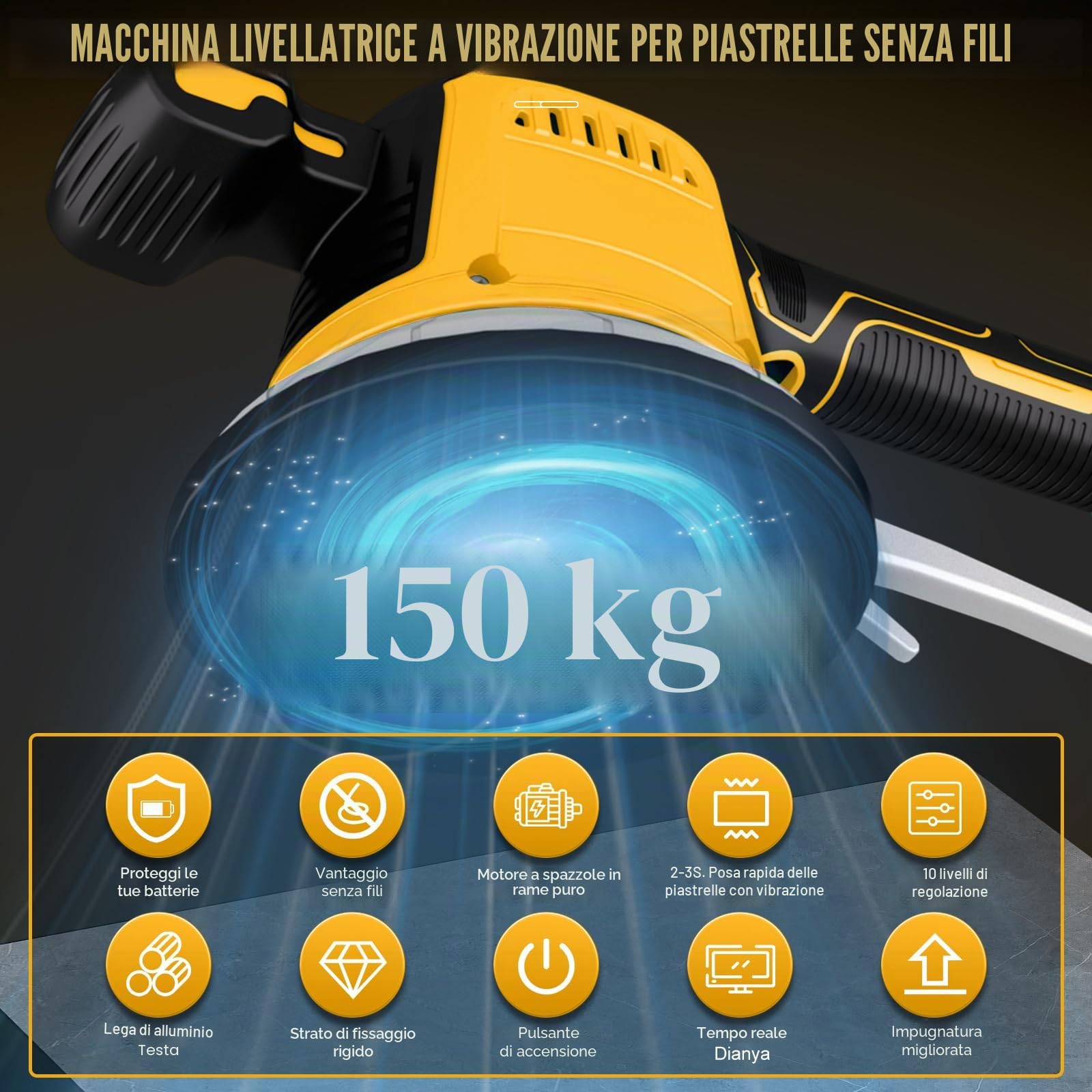 Vibratore per Piastrelle Compatibile con Dewalt 18V,20v, Strumenti per Piastrellista con 10 Marce Regolabili, Ventosa da 14,8 cm e Assorbimento da 160 kg per Posa di Piastrelle
