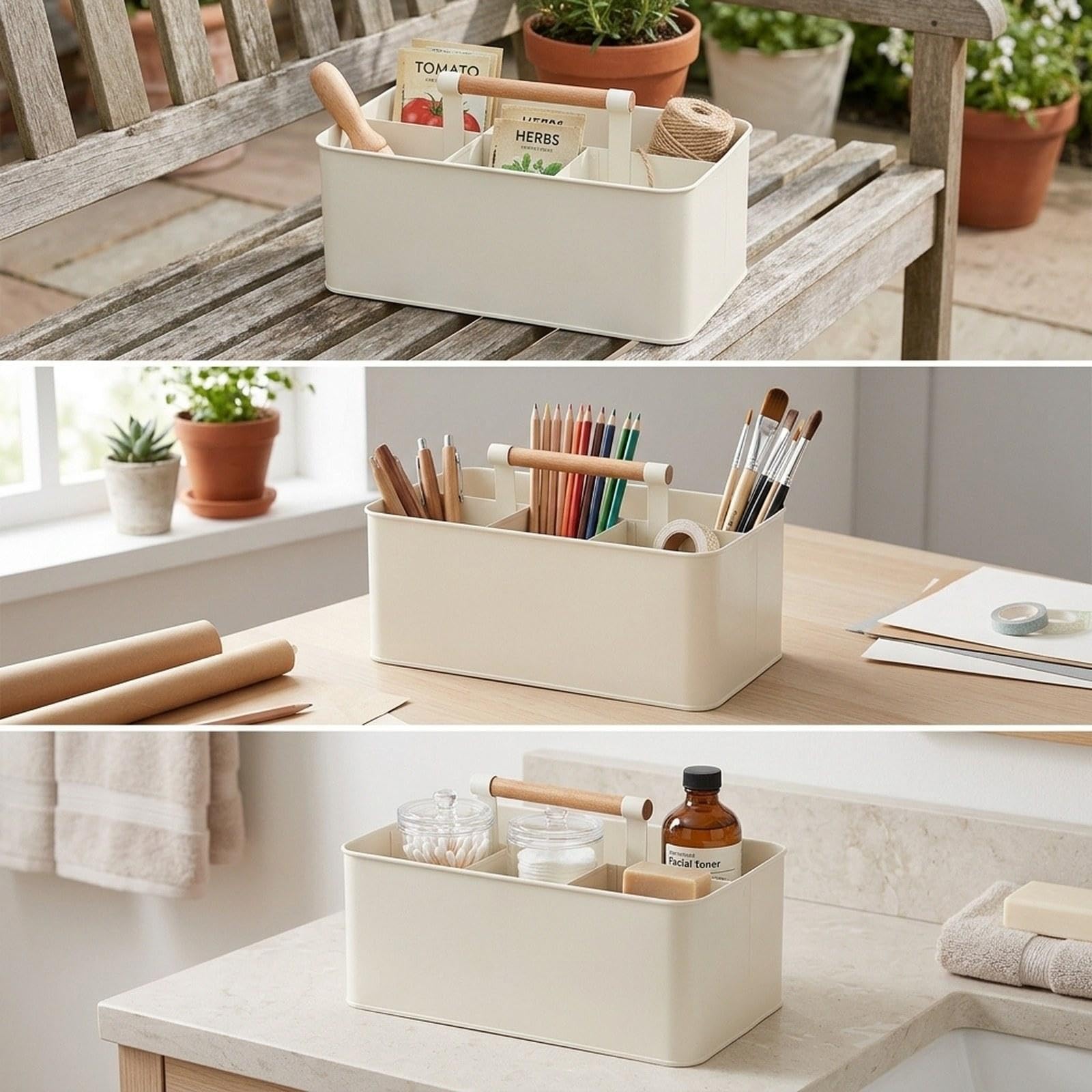Cesto da Giardinaggio, Scatola Organizer in Metallo con 4 Scomparti E Manico in Legno, Ferro Zincato Resistente per Attrezzi E Attrezzature, Adatto PE, Bianco