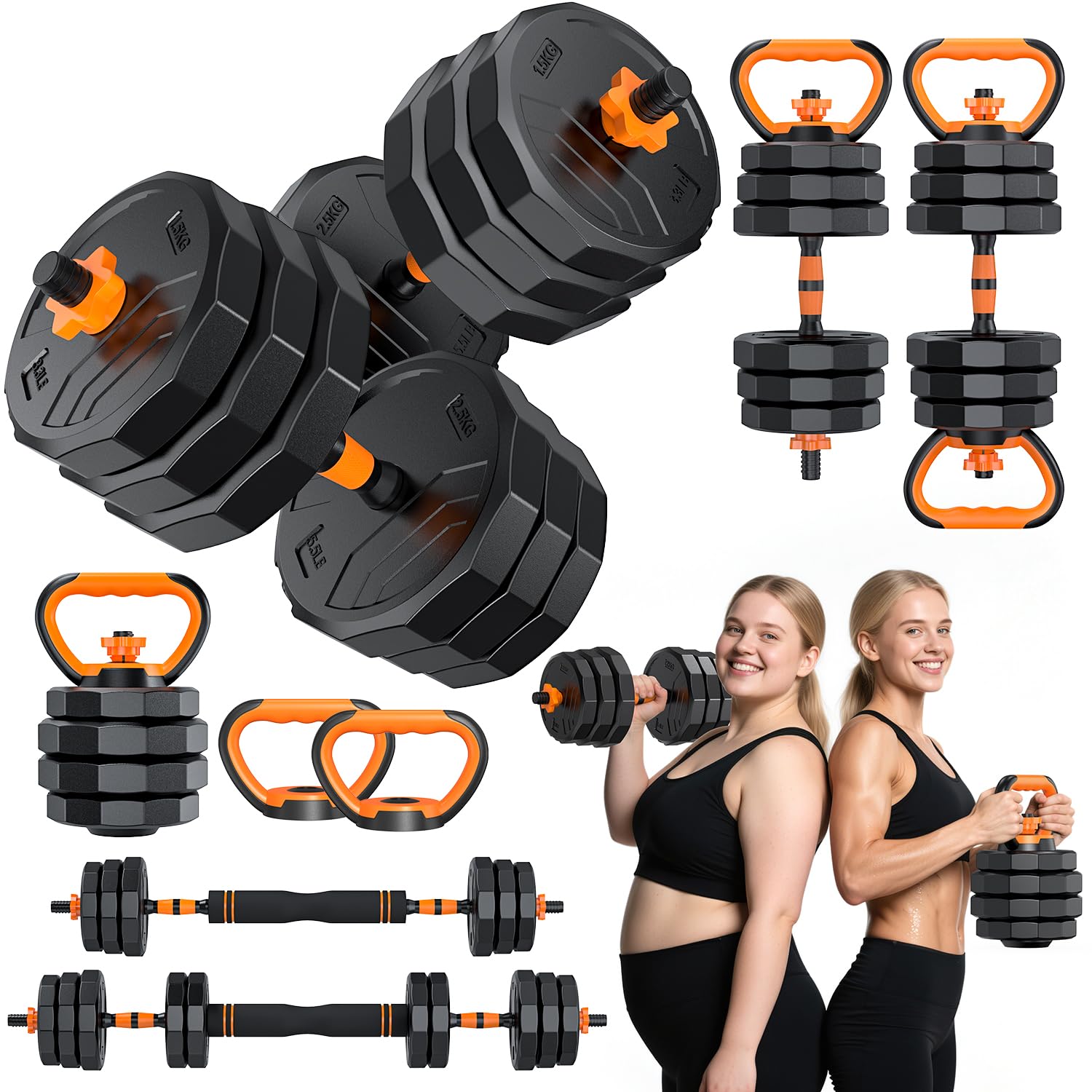 5-in-1 Adjustable Dumbbells, 66lbs Free Weights Set with Connector, Used as Kettlebells, Barbell, Push up Stand, Standard 1