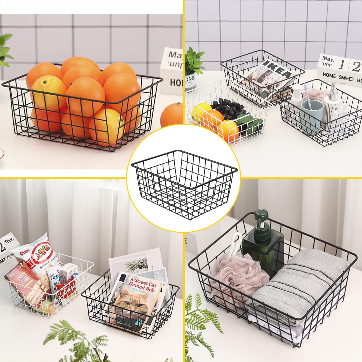 Paquete de 4 cestas de almacenamiento de alambre negro, cestas organizadoras de alambre con asas, cestas de metal para congelador, estantes de refrigerador, despensa, almacenamiento de baño, 28