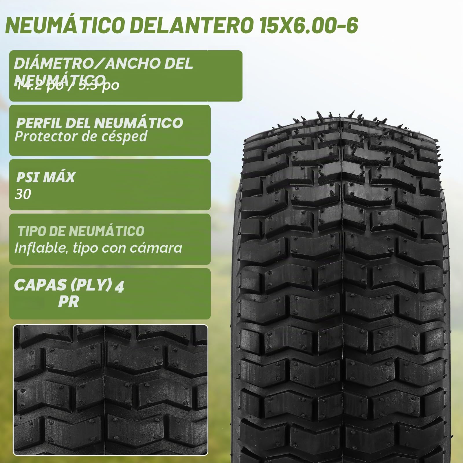 2 Pack 15x6.00-6 Neumáticos y Rueda Neumáticos Delanteros para Cortacésped John Deere Craftsman Husqvarna 3 Pulgadas Orificio de Buje Centrado ID 3/4 Pulgadas Caucho Natural 4 Capas con Tubo
