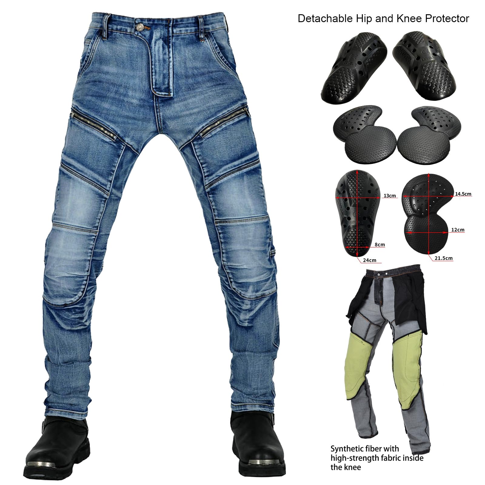 Herren Motorradhose Motorrad Jeans Reiten Schutzhose Denim Stretch Reißfester Vintage Casual Jeanshose mit Abnehmbar Verbesserter Rüstung Knie-Hüftpolster