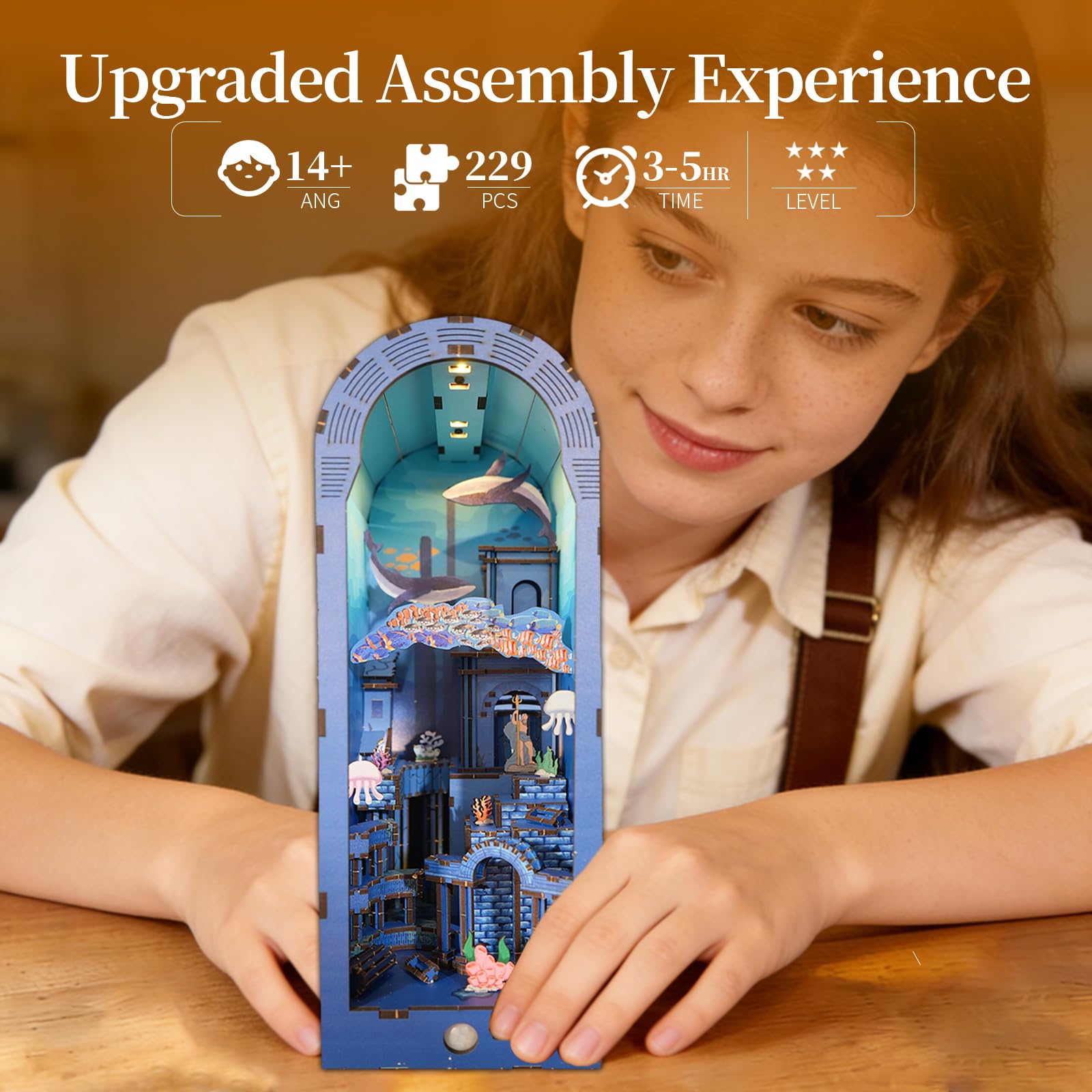 Music Park Kit Book Nook - Puzzle 3D in legno per adulti, città subacquea fai da te Atlantis con luce sensore, puzzle per adulti e kit di modelli in legno per adulti, regalo decorativo per libreria