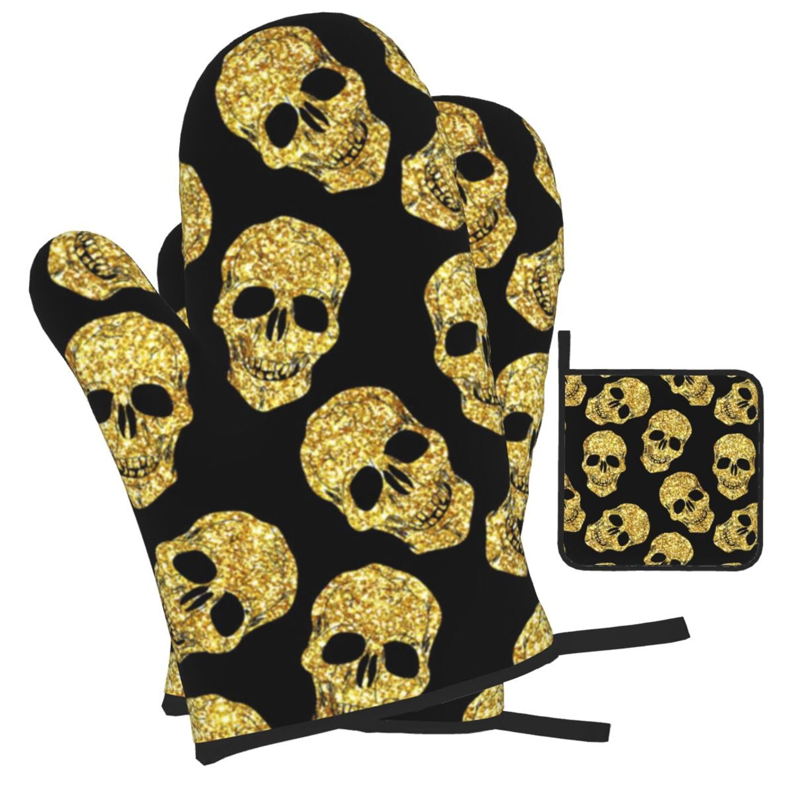 sparkling Skull pattern Printed Oven Mitts and Pot Holders Heat Resistant Set of 3 Pcs, Modern Kitchen Gloves & Potholders for Cooking Baking Grilling