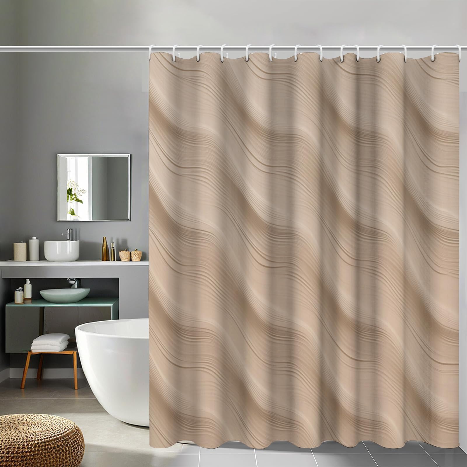 Rideau de douche 240x200 imperméable pour éviter les fuites d'eau au sol en tissu beige lavable