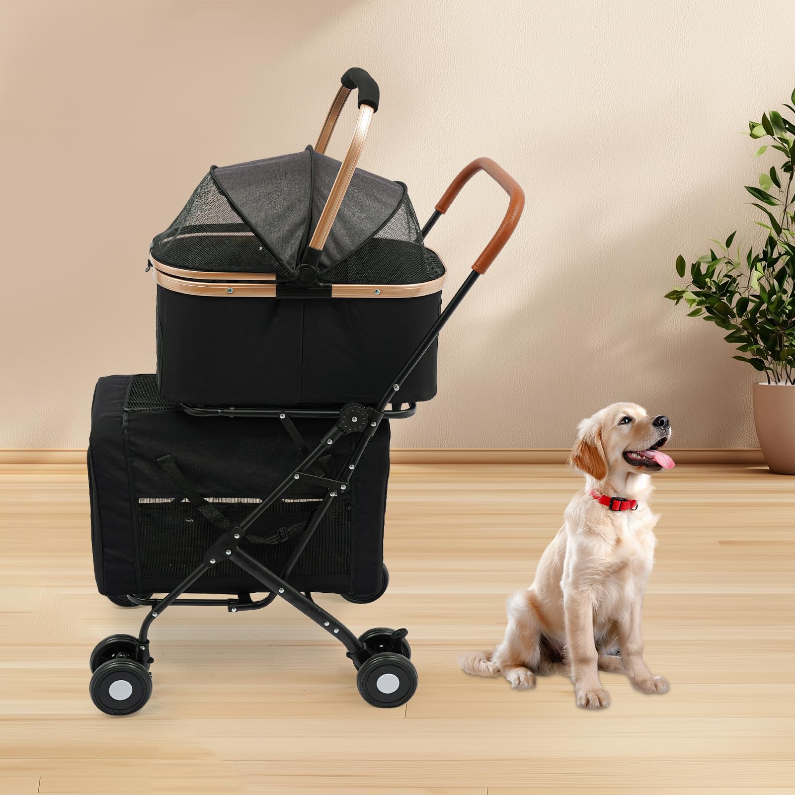 Cztery koła do cichej jazdy, ergonomiczny uchwyt do ciągnięcia i stabilna rama stalowa, dwupoziomowa konstrukcja, wózek dla psa, do 35 kg, składany wózek dla kotów, wózek dla psa, składany wózek dla