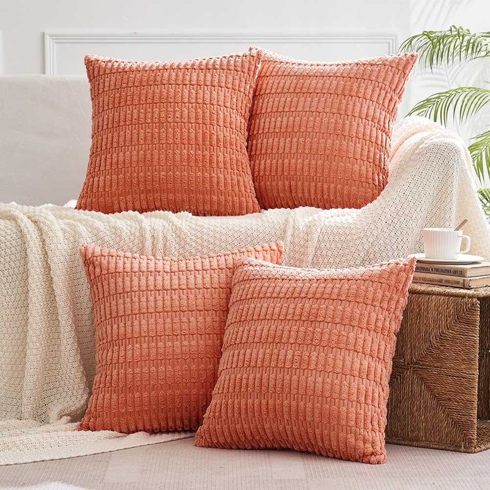 MIULEE Pack of 4 Corduroy Decorative Throw Pillow Covers 18x18 Inch Soft Boho Striped Pillow Covers Modern Farmhouse Home Decor for Sofa Living Room Couch Bed Coral