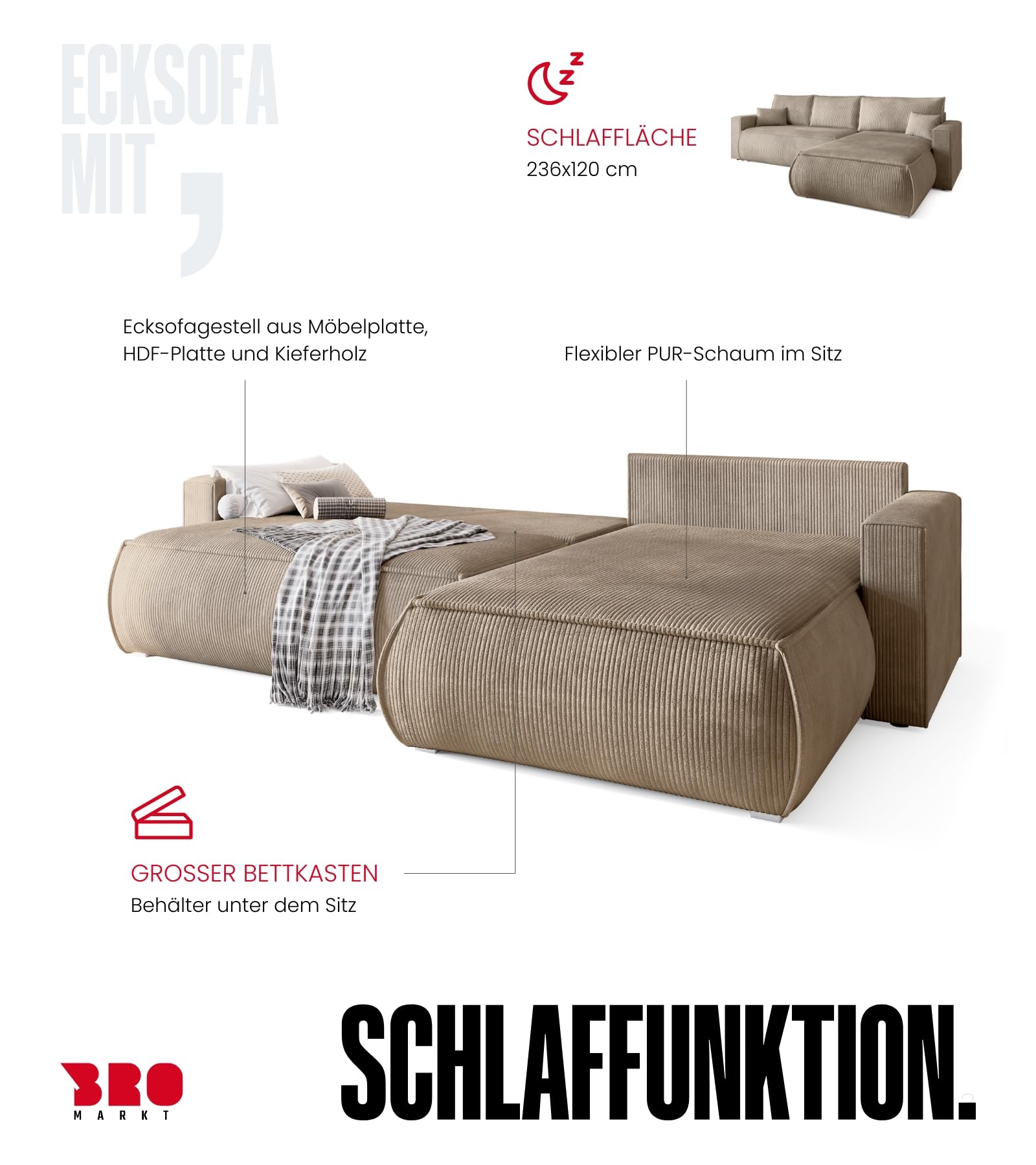 BROMARKT Ecksofa mit Schlaffunktion Couch L Form 270x173x80 cm Beige | Sofa mit Bettkasten Wohnlandschaft Schlafsofa freistehend HAVANA Schlafcouch mit Stauraum Cord 3 sitzer Sofabed Eckcouch