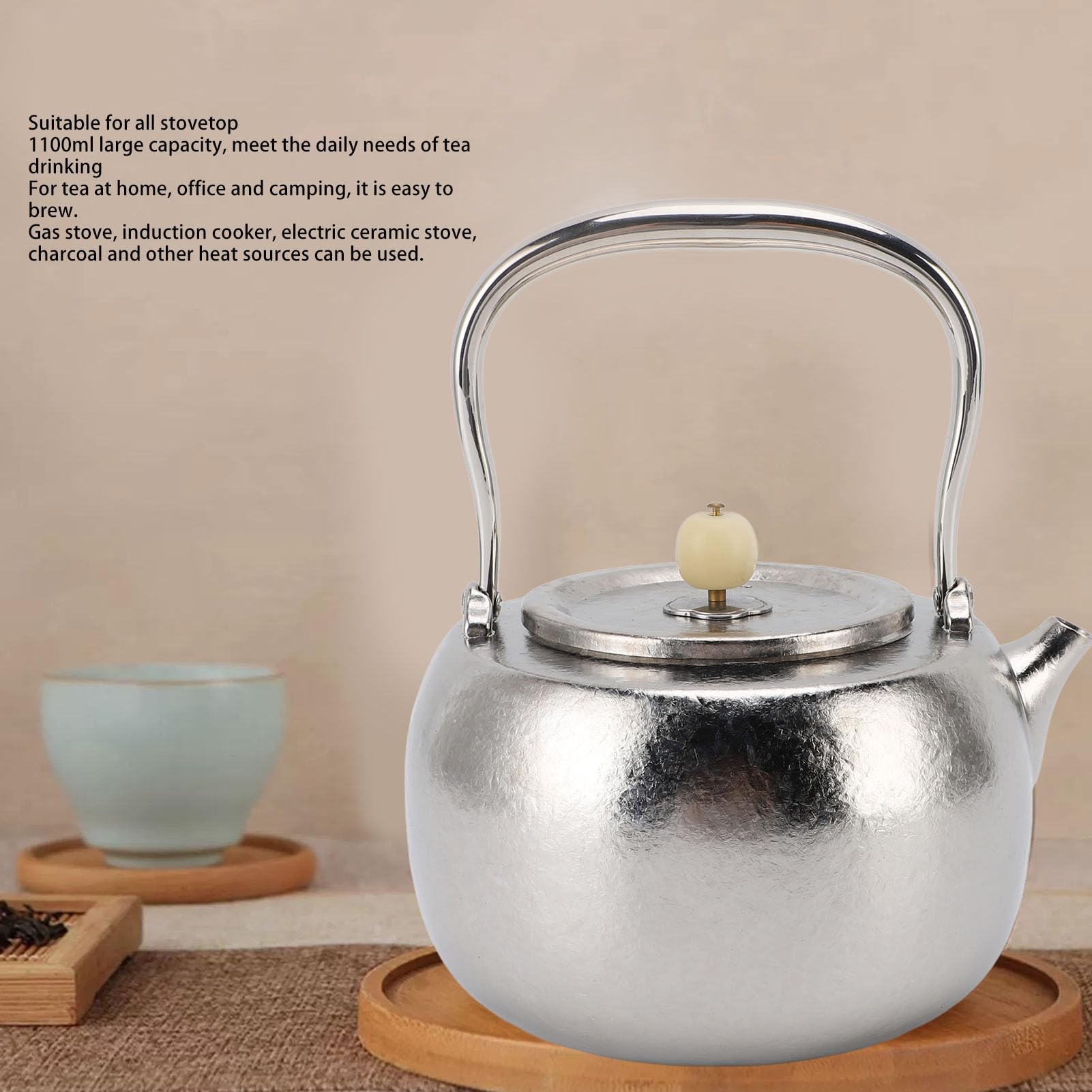 Headerbs Czajnik do Herbaty z płytą kuchenną, Dzbanek do Herbaty TA1 z Czystego Tytanu 1100 Ml, Uchwyt ze Stali Nierdzewnej 304, Pokrętło Bodhi, Domowego Użytku na Zewnątrz Kempingu, Warzenie