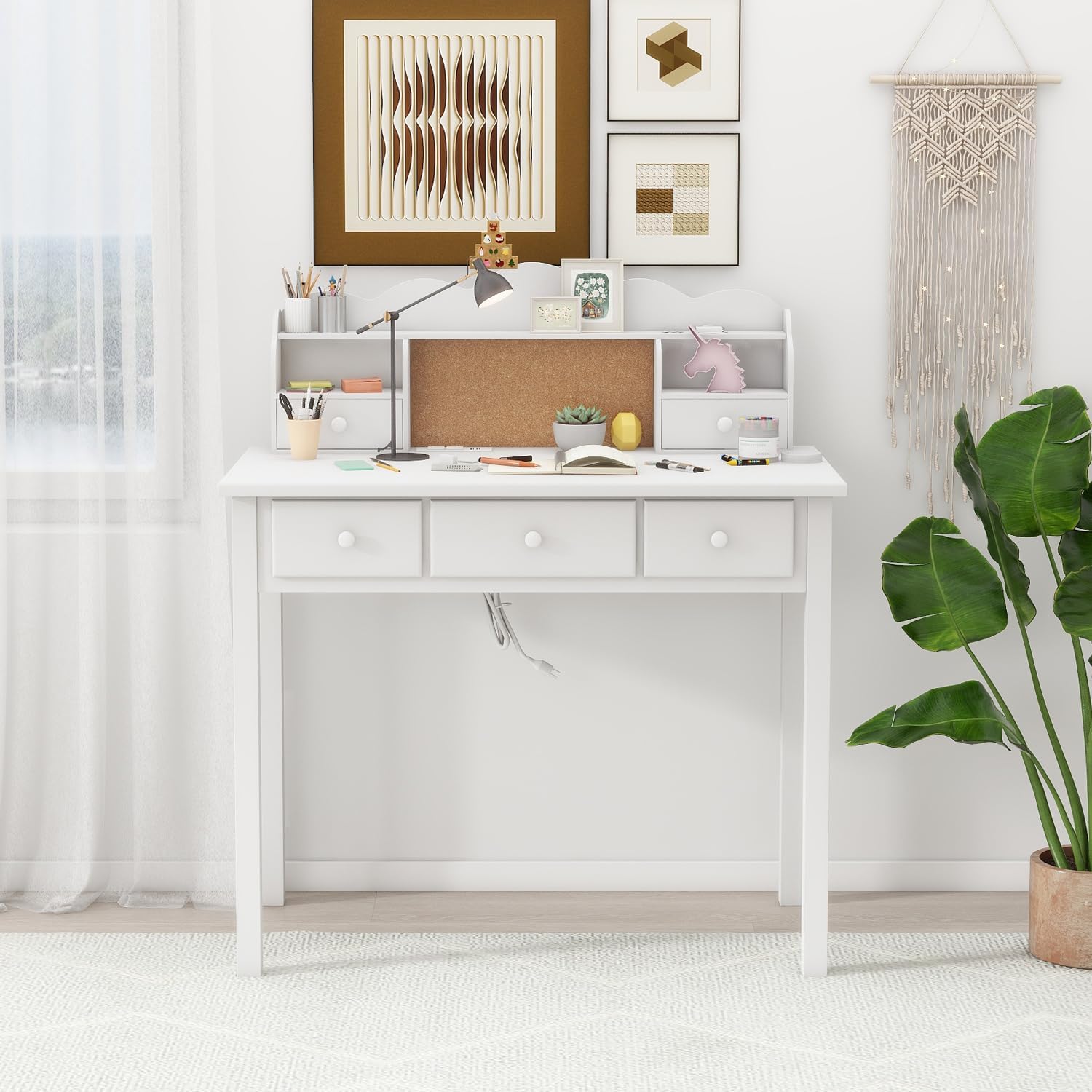 White Writing Desk with Hutch and Drawers, 36 Inch Home Office Desk with Charge Station, Computer Work Station with Storage Shelf