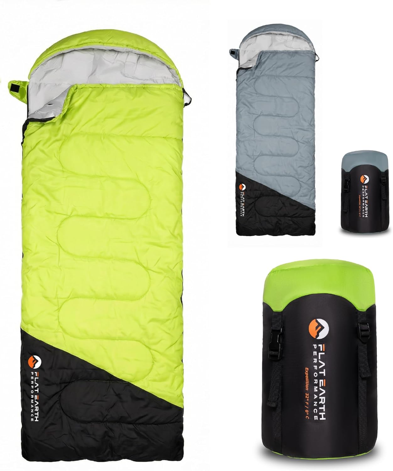 FlatEarthPerformance Expedition Sleeping Bag: 32°F Lightweight 3-Season for 6'0" Adults, Water-Resistant Compression Sack for Backpacking & Camping
