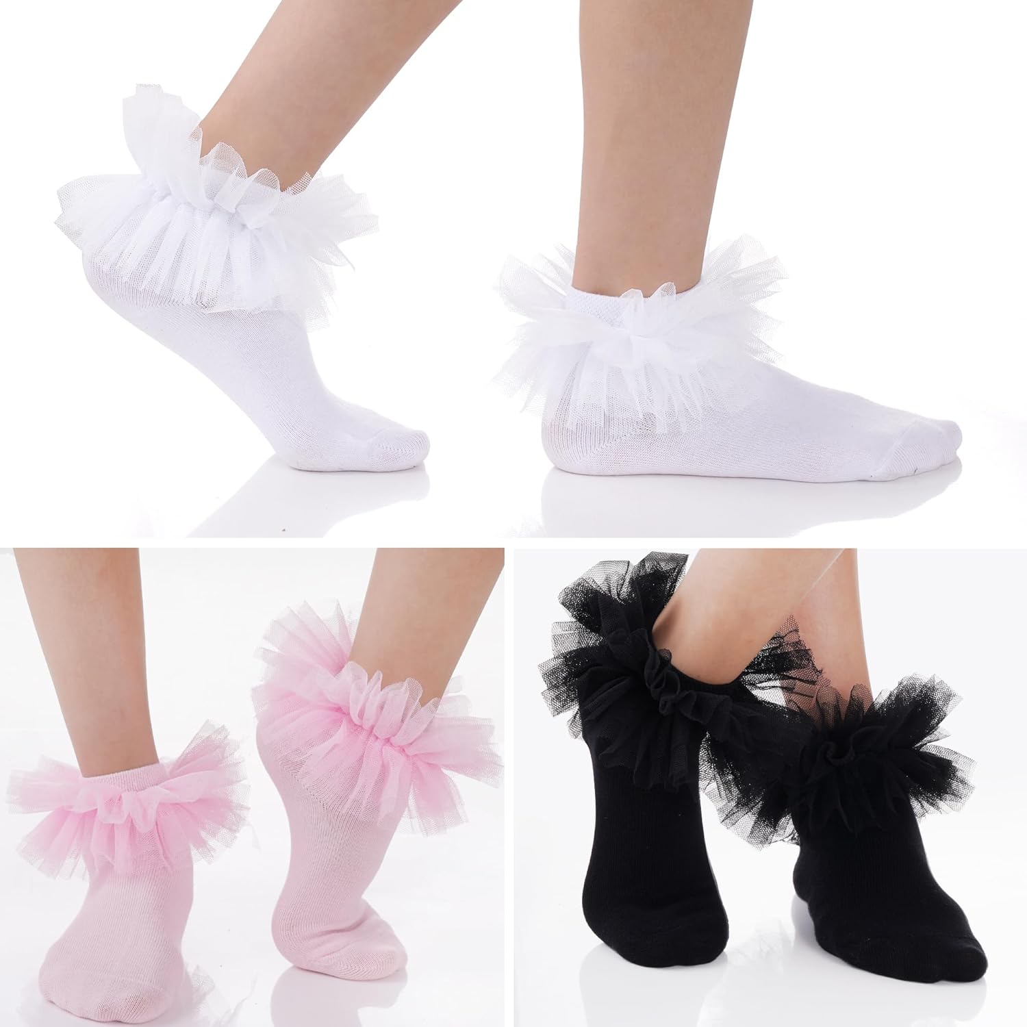 Dxhycc 3 Pairs Girls Ruffle Socks Frilly Ruffle Lace Tutu Socks for Toddler Little Girls Dress and Daily - Image 4