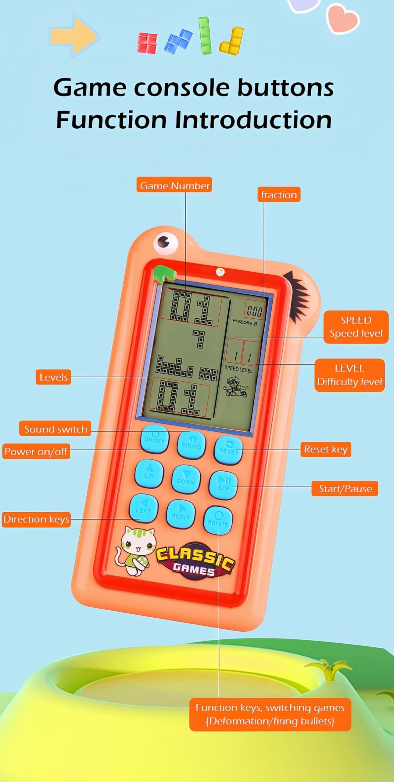HLF Bloquer la Console de Jeu Mode de Jeu Double 23/26 Jeu de Briques Boutons en Silicone Alimenté par Une Batterie au Lithium Rechargeable/AA Jouet Portatif Rétro Cadeaux Enfants/Adolescents (Khaki)