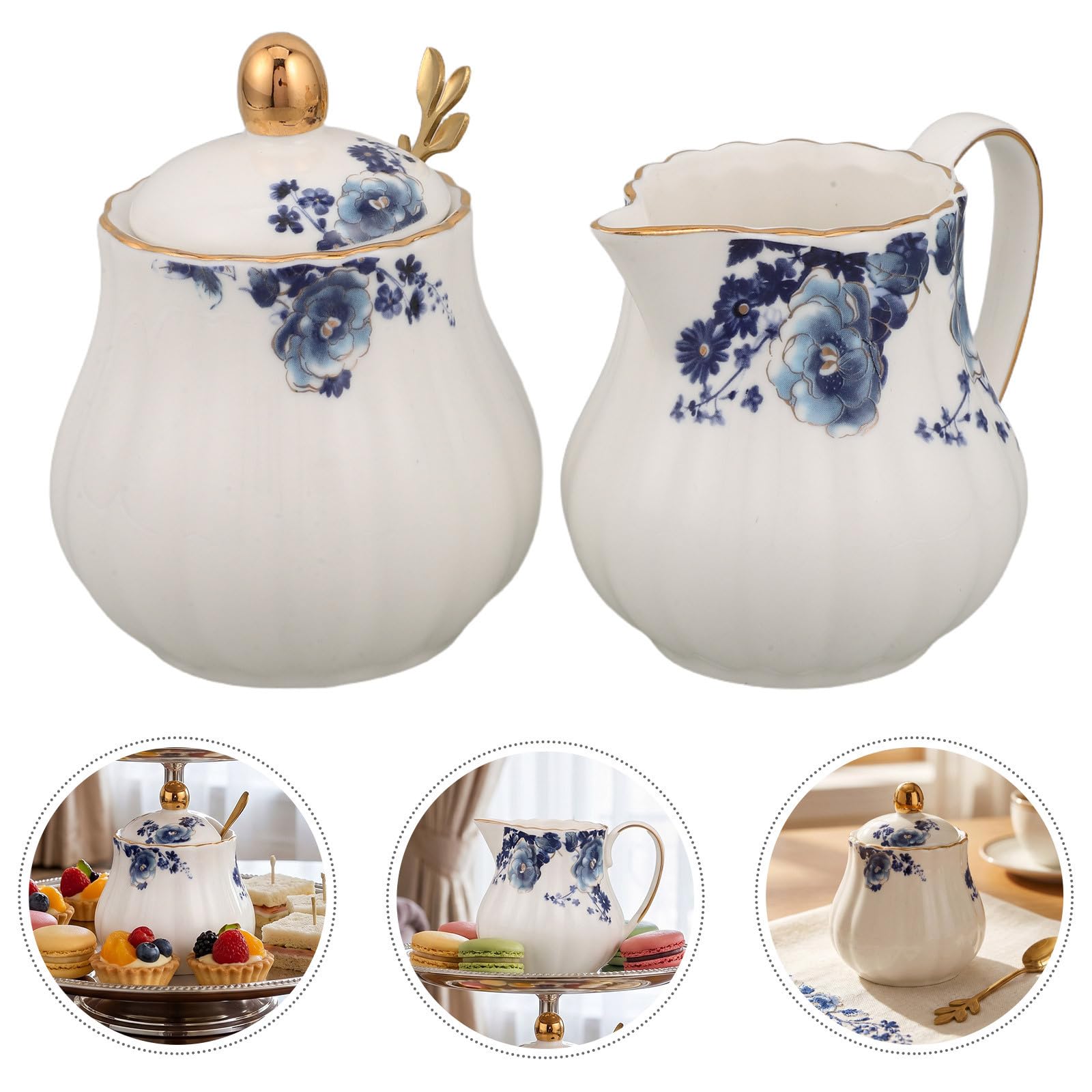 Alipis Ensemble de Sucrier et Pot à Lait en Céramique Blanc avec Couvercle et Cuillère, Design Classique Élégant avec Accents de Fleurs Bleues, pour Bar à Domicile et Occasions Formelles