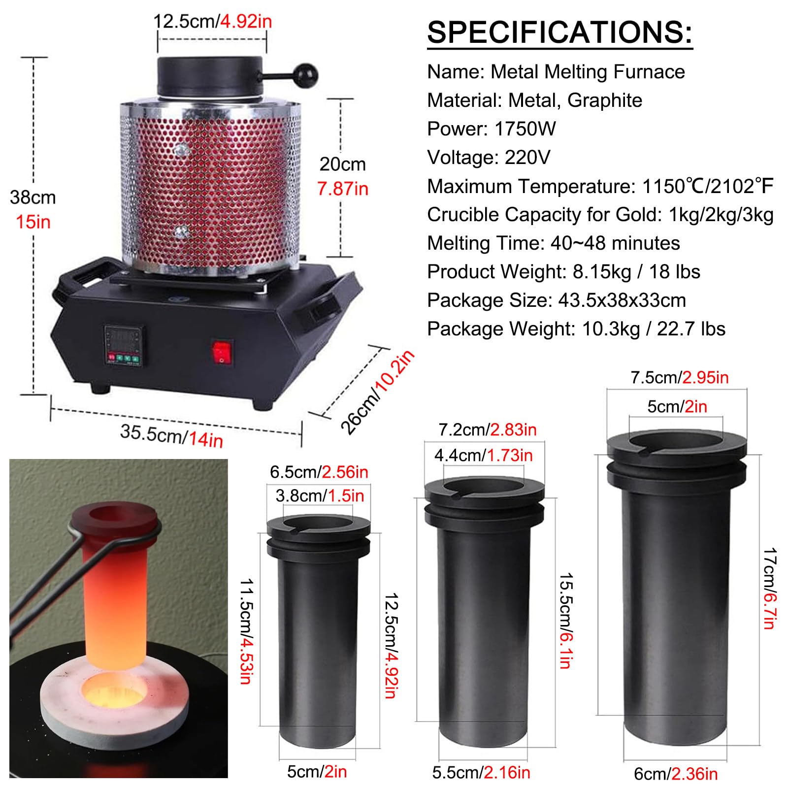 Forno per Fusione Dell'oro - capacità 1 kg/2 kg/3 kg, Kit per Forno Elettrico per Fonderia di Metalli da 1750W Fino a 1150℃, per Fusione di Rottami, Oro, Argento, Rame, Alluminio