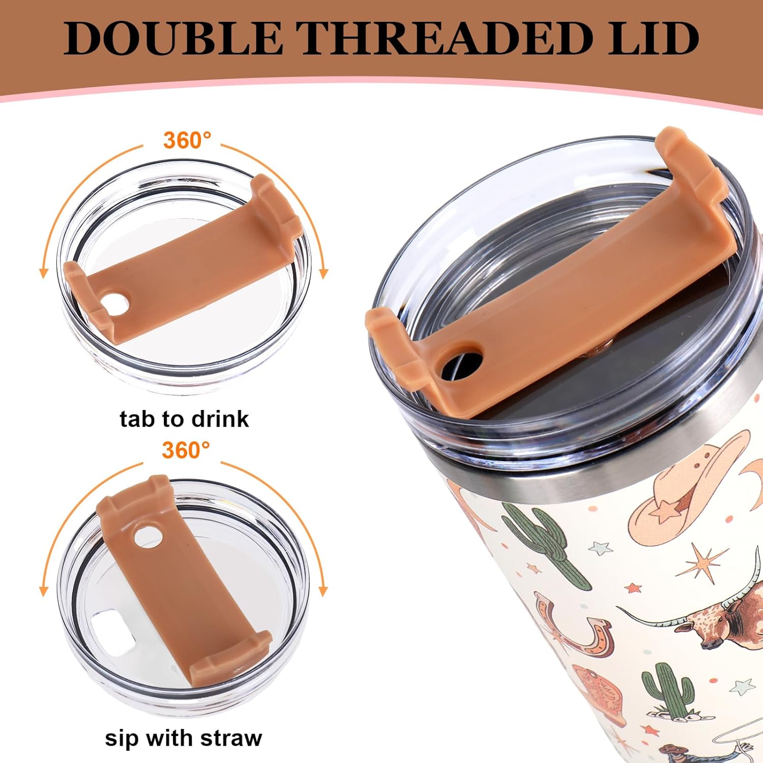 JarThenaAMCS Western Cowboy Tumbler with Handle 40oz Brown Cowboy Hat Boots Cow Cacti Tumbler with Lid Straw Watercolor Wild West Stainless Steel Cup for Home Office Travel - Image 3