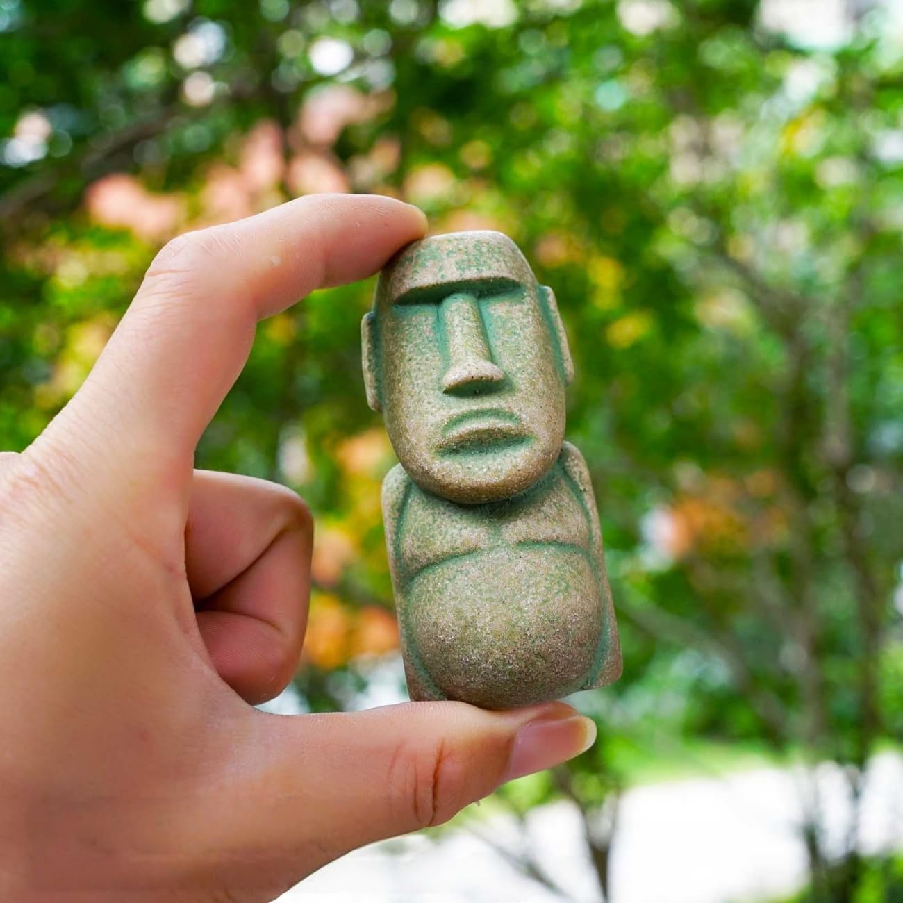 Moai Figuren 3er-Set, Sandstein-Harz Steinoptik – Aquarium & Tischdeko, Groß Mittel Klein (1x Steingrau + 1x Moosgrün)