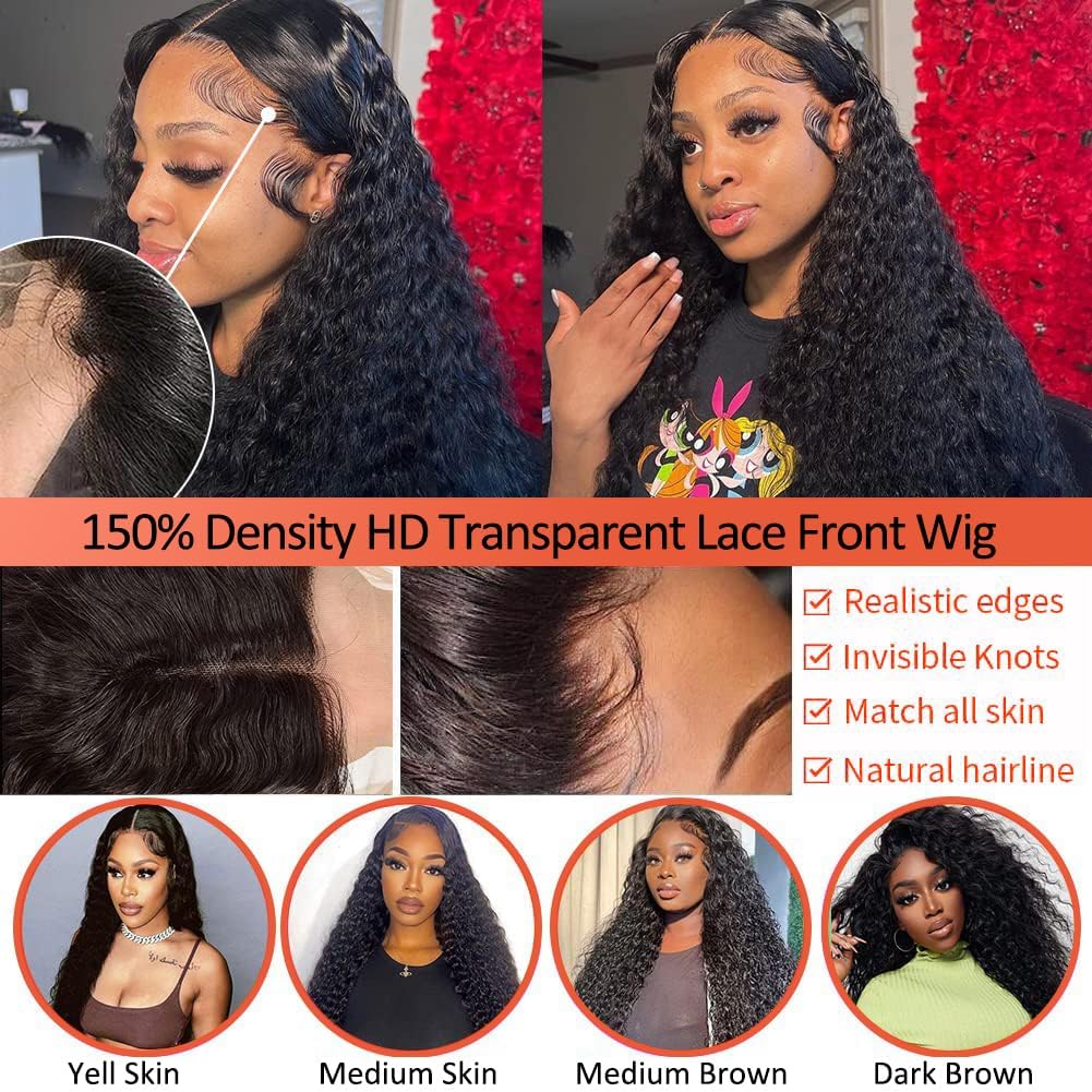 Parrucca di capelli umani ricci con pizzo frontale, 33 x 10 cm, senza colla, pre-attaccata con capelli di neonati, 71 cm, HD Deep Jerry Curly Lace Front, densità 150%, piena e spessa