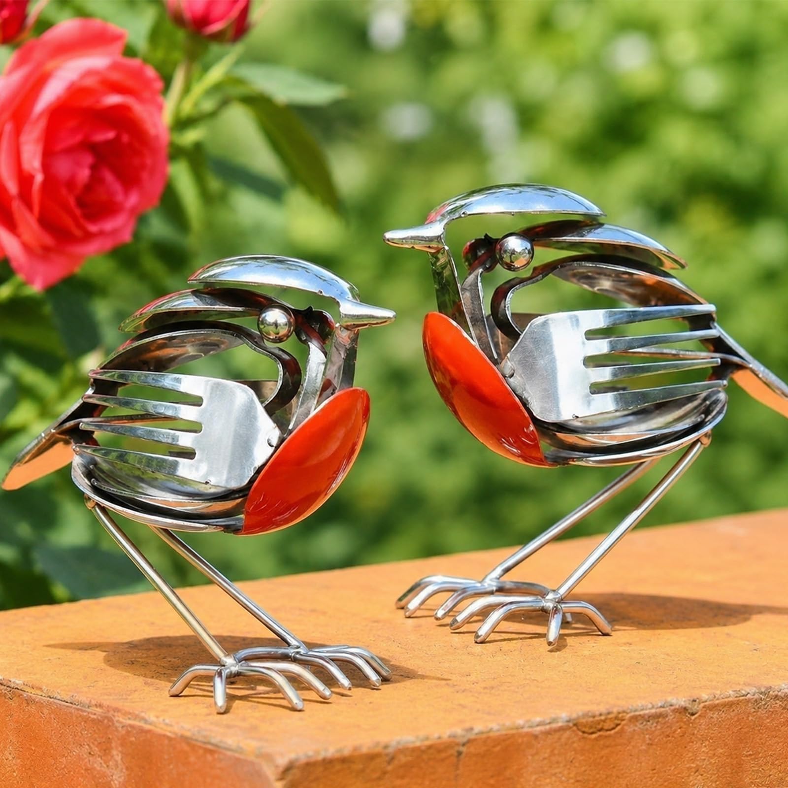 QhgPnt 2 Pcs Metal Robin Garden Ornament, Handcrafted Cutlery Art Sculpture, Garden Sculptures, Rustic Decorative Piece for Outdoor Garden and Indoor Display