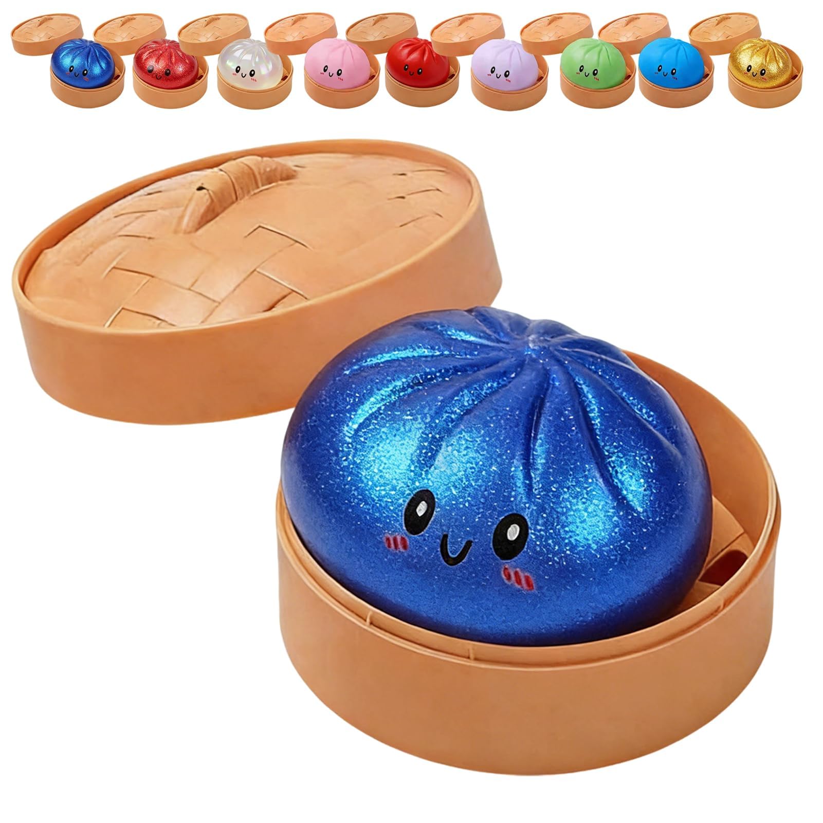 Glitter Dumpling, Glitter Dumpling Squishy with Box, Dumplings Sensory Squeeze Toy for Stress Relief (Blue)