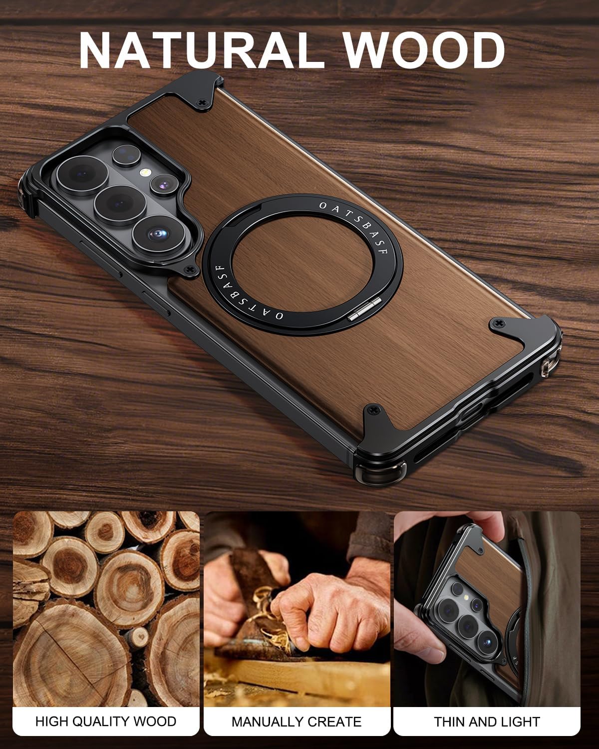 OATSBASF Magnetic Wood Case Compatible with Samsung Galaxy S26 Ultra, [Natural Wood & Aluminum] Shockproof Protective Cover Unique Wooden Case with 360° Ring Stand, Black