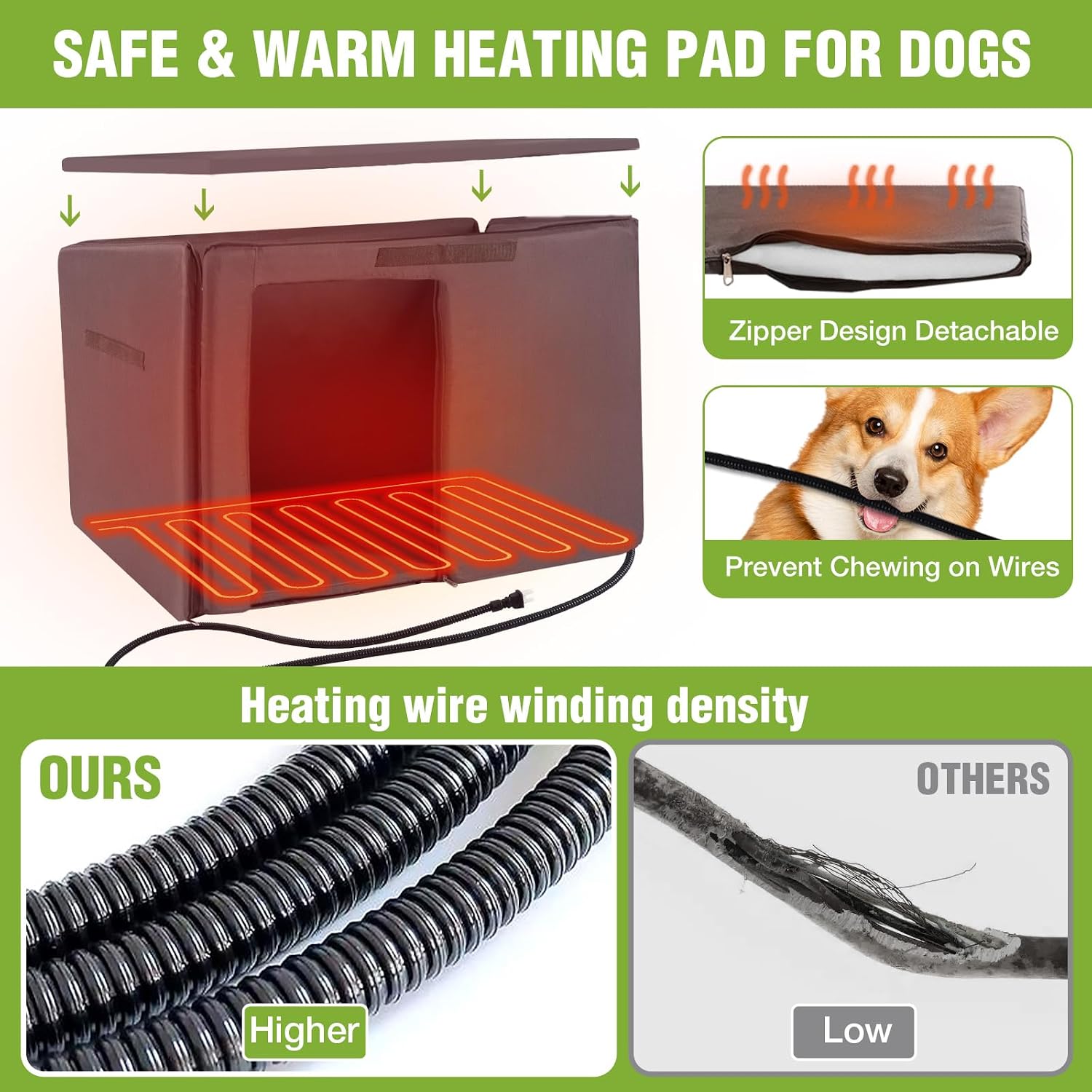 GUTINNEEN 43.3'' Heated Dog House Outdoor Insulated Large Dog Kennel with Metal Frame, Weatherproof Dog Shelter for Outside, Chew-Resistant Cord, 6-Sides Insulated Liner for Winter (Brown)