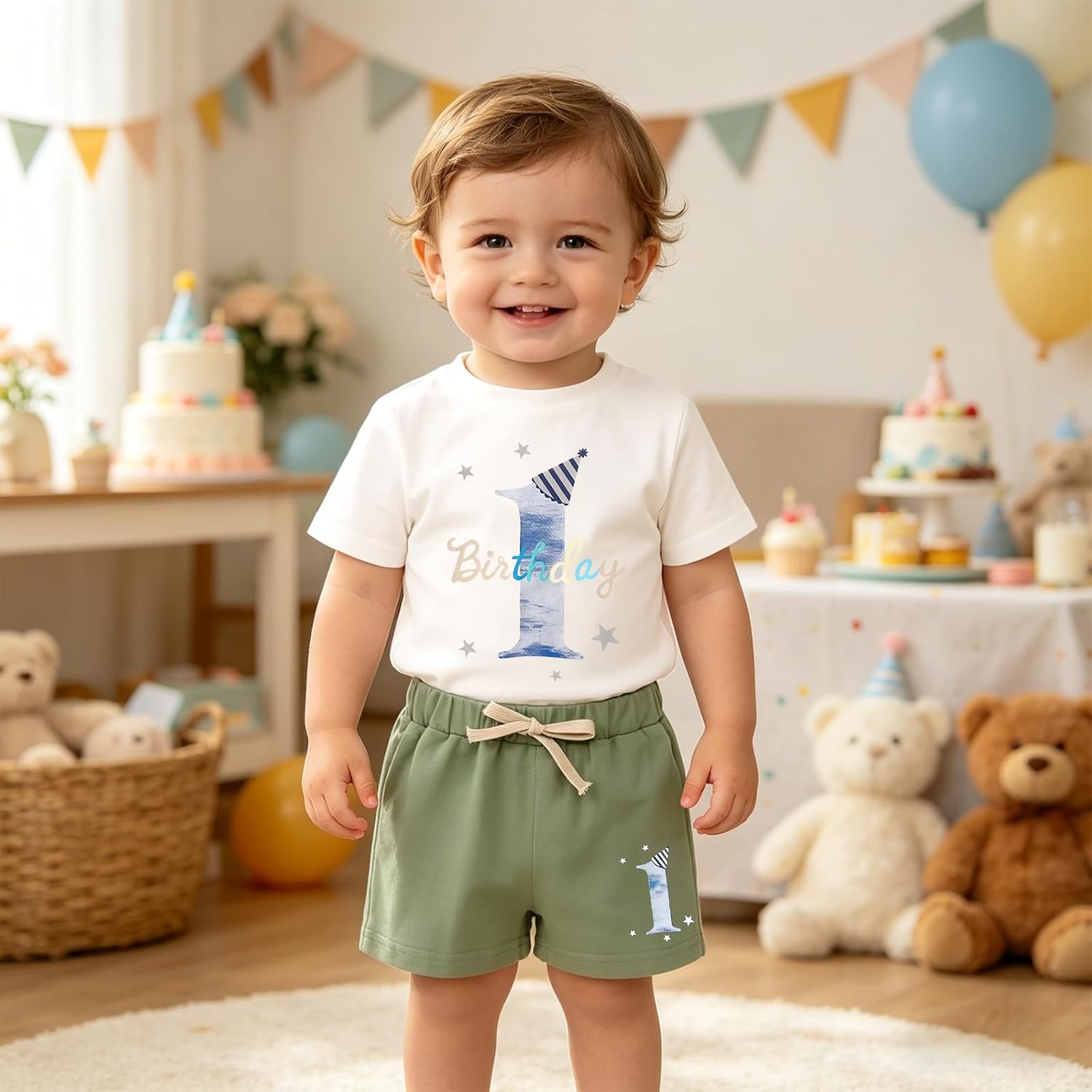 First Birthday Outfit Boy My 1st Birthday Boy Outfit One Year Old Cake Smash Hat T-shirt and Shorts Summer Clothes